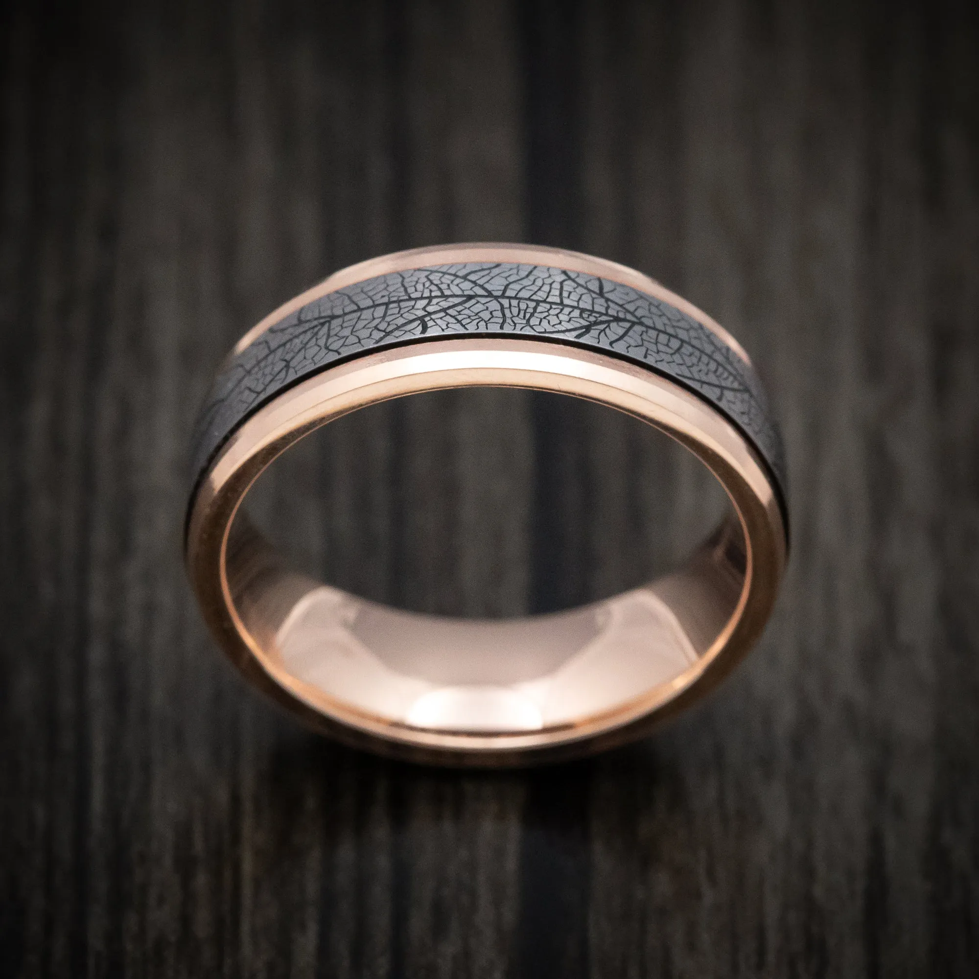 14K Rose Gold and Tantalum Leaf Pattern Mens Band