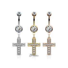 316L Surgical Steel Jeweled CZ Set Cross Dangle Belly Button Navel Rings