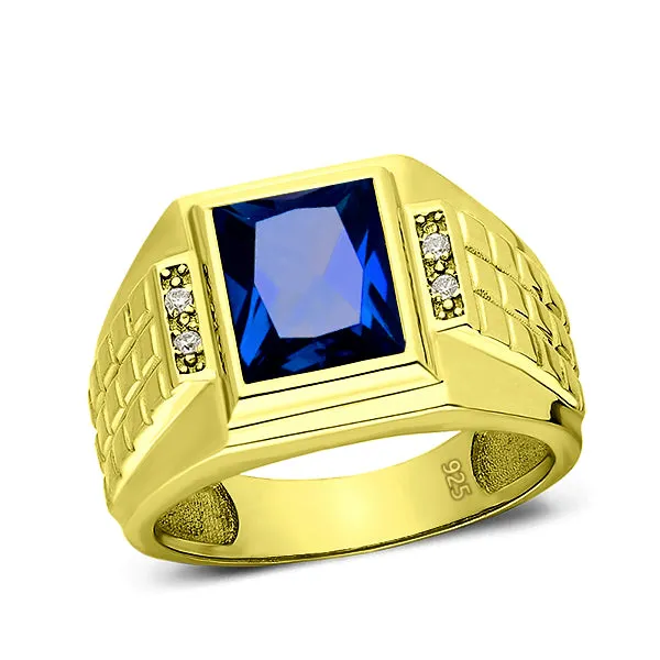 4 Diamond Accents 18K Gold Plated on 925 Solid Silver Mens Blue Sapphire Ring