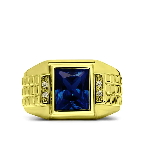 4 Diamond Accents 18K Gold Plated on 925 Solid Silver Mens Blue Sapphire Ring