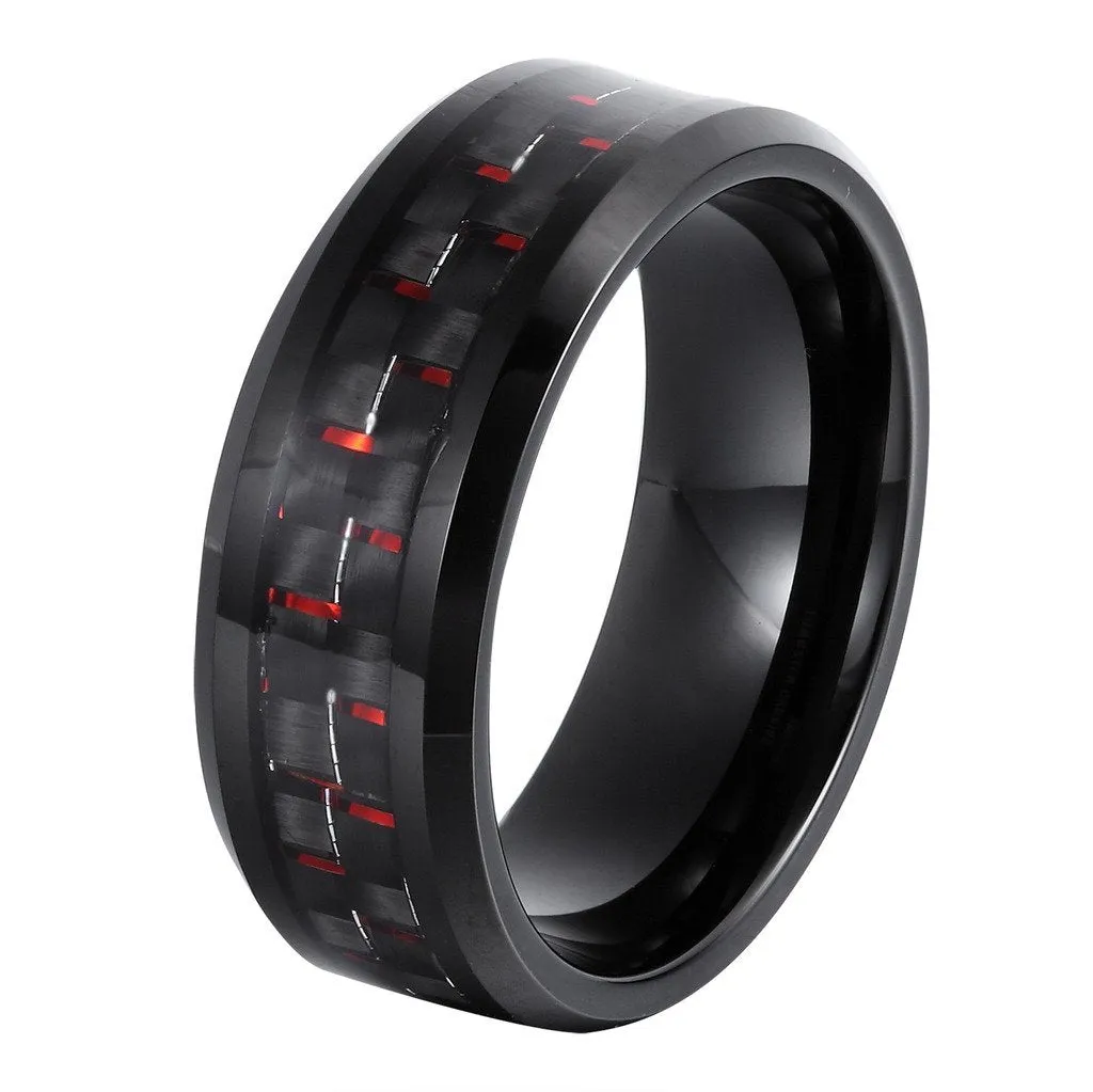 8MM Men's Tungsten Wedding Ring Black & Red Carbon Fiber Inlay Beveled Edges Thumb Rings,Size 7-14