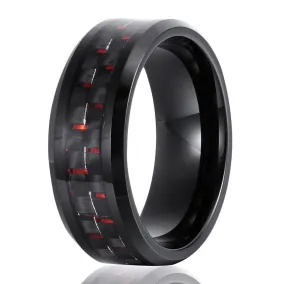 8MM Men's Tungsten Wedding Ring Black & Red Carbon Fiber Inlay Beveled Edges Thumb Rings,Size 7-14