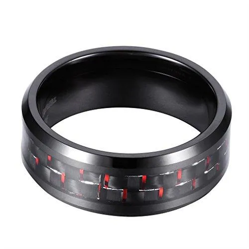 8MM Men's Tungsten Wedding Ring Black & Red Carbon Fiber Inlay Beveled Edges Thumb Rings,Size 7-14