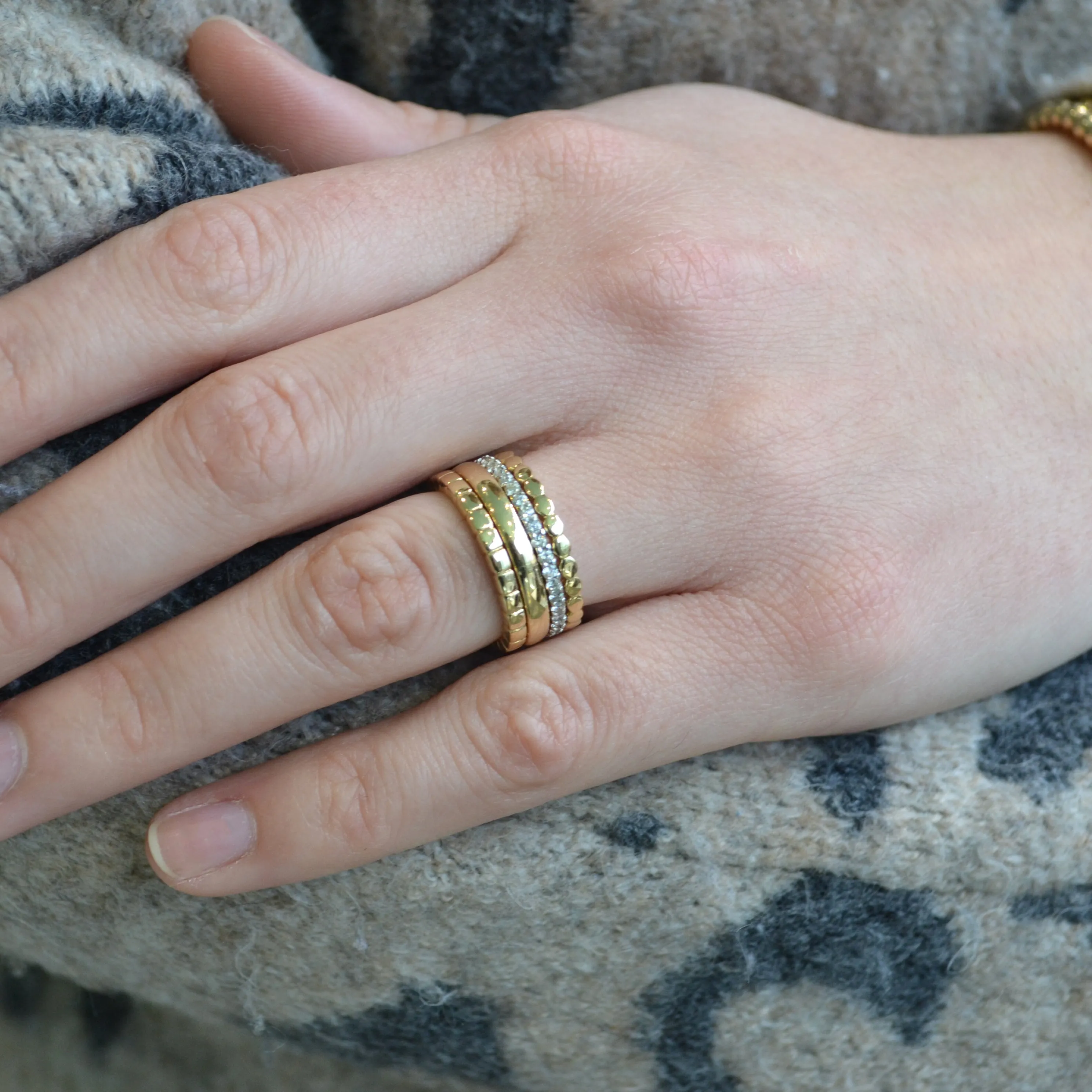 AFJ Gold Collection - Stacked Band Rings with Diamonds, Yellow and White Gold