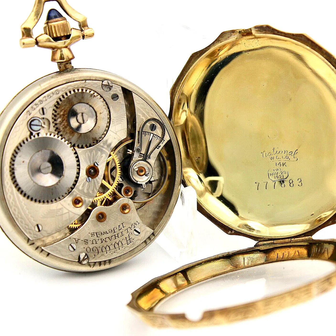 Antique 14K Yellow Gold 1920 Waltham Pocket Watch Open Face Crown Set 17 Jewel