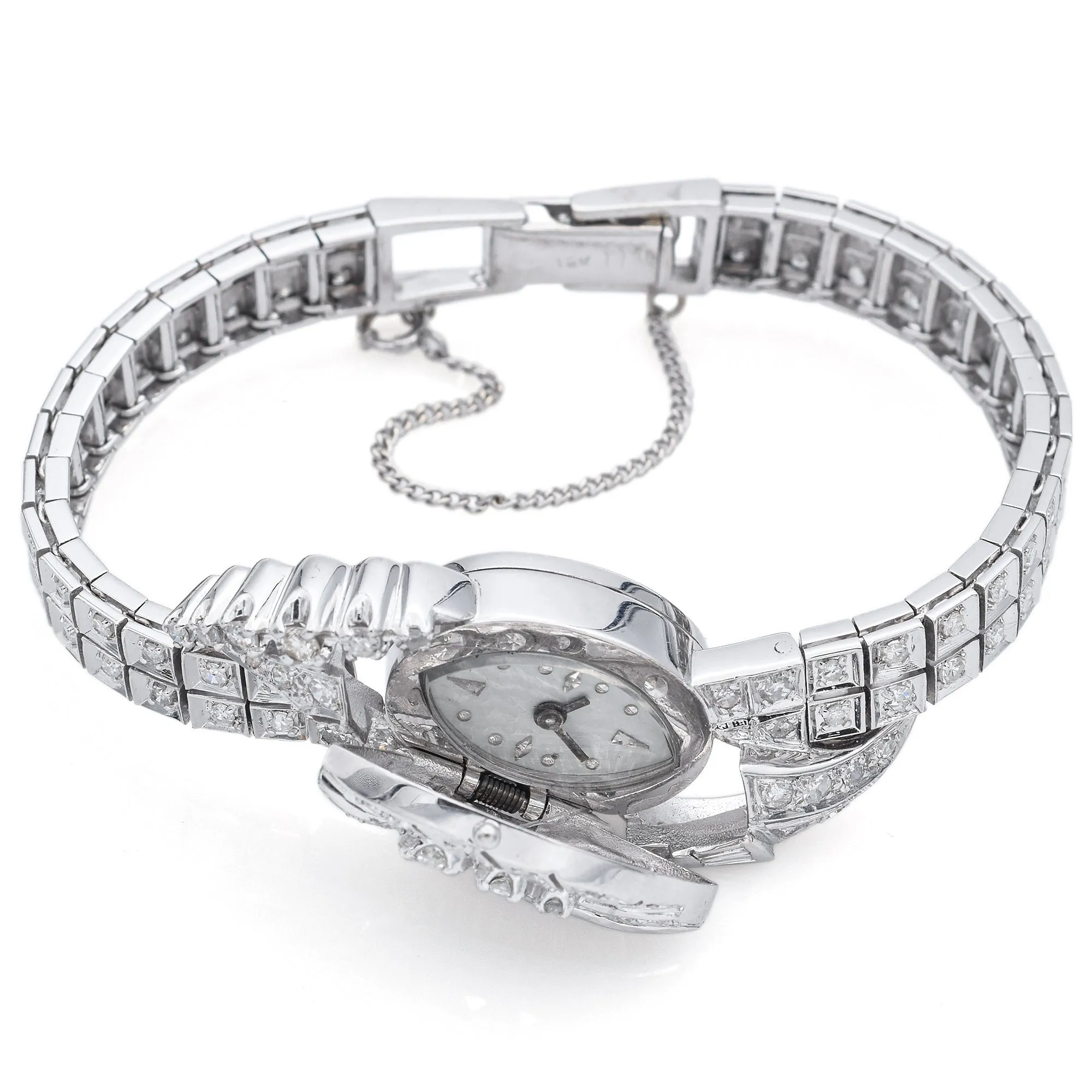 Antique 17J 14K White Gold 2.69TCW Diamond Women's Hand Wind Bracelet Watch