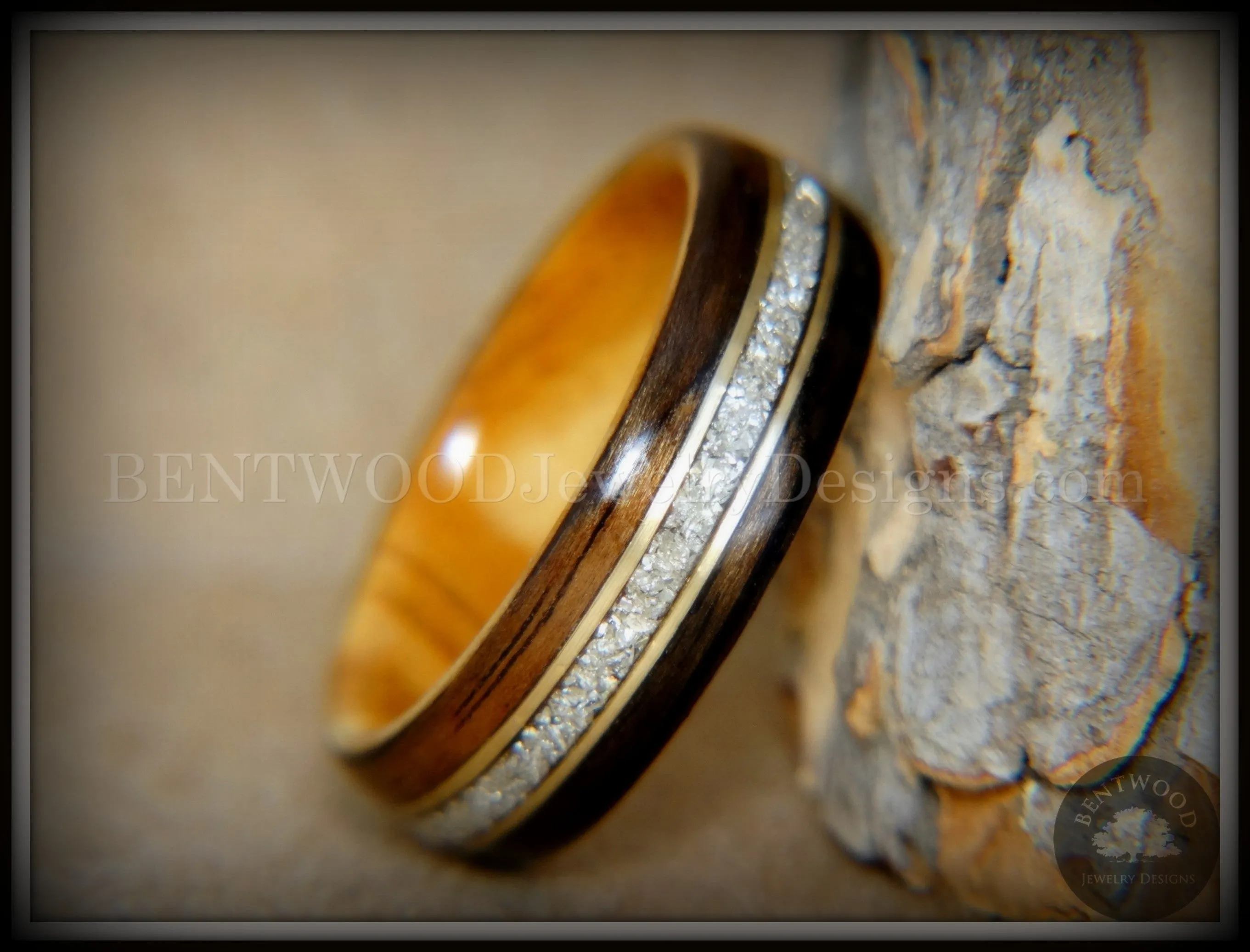 Bentwood Ring - Tracks Ebony Wood Ring Gold Wire and Glass Inlay