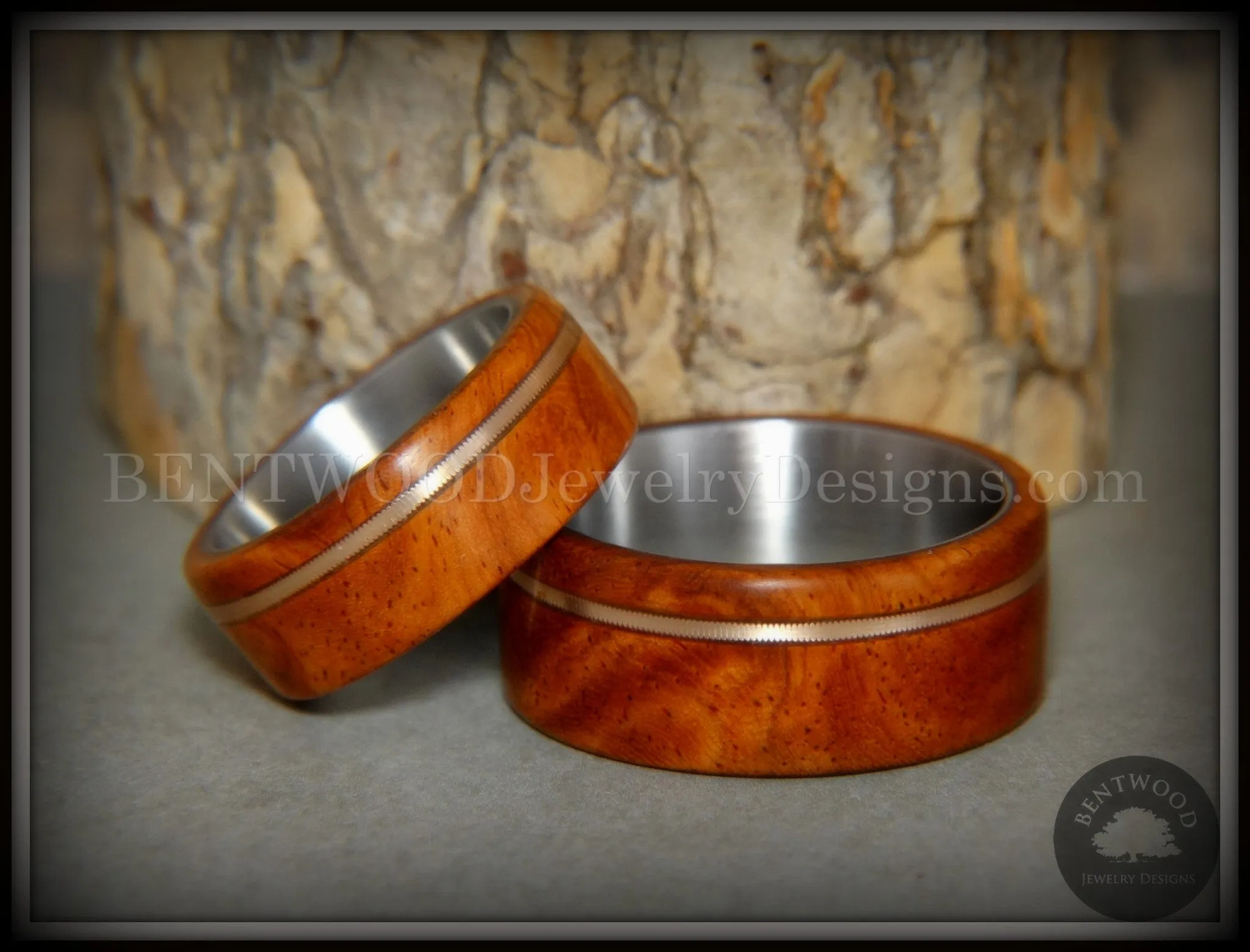 Bentwood Rings Set - Amboyna Burl Wood Ring Set with Bronze Guitar String Inlays SS Core