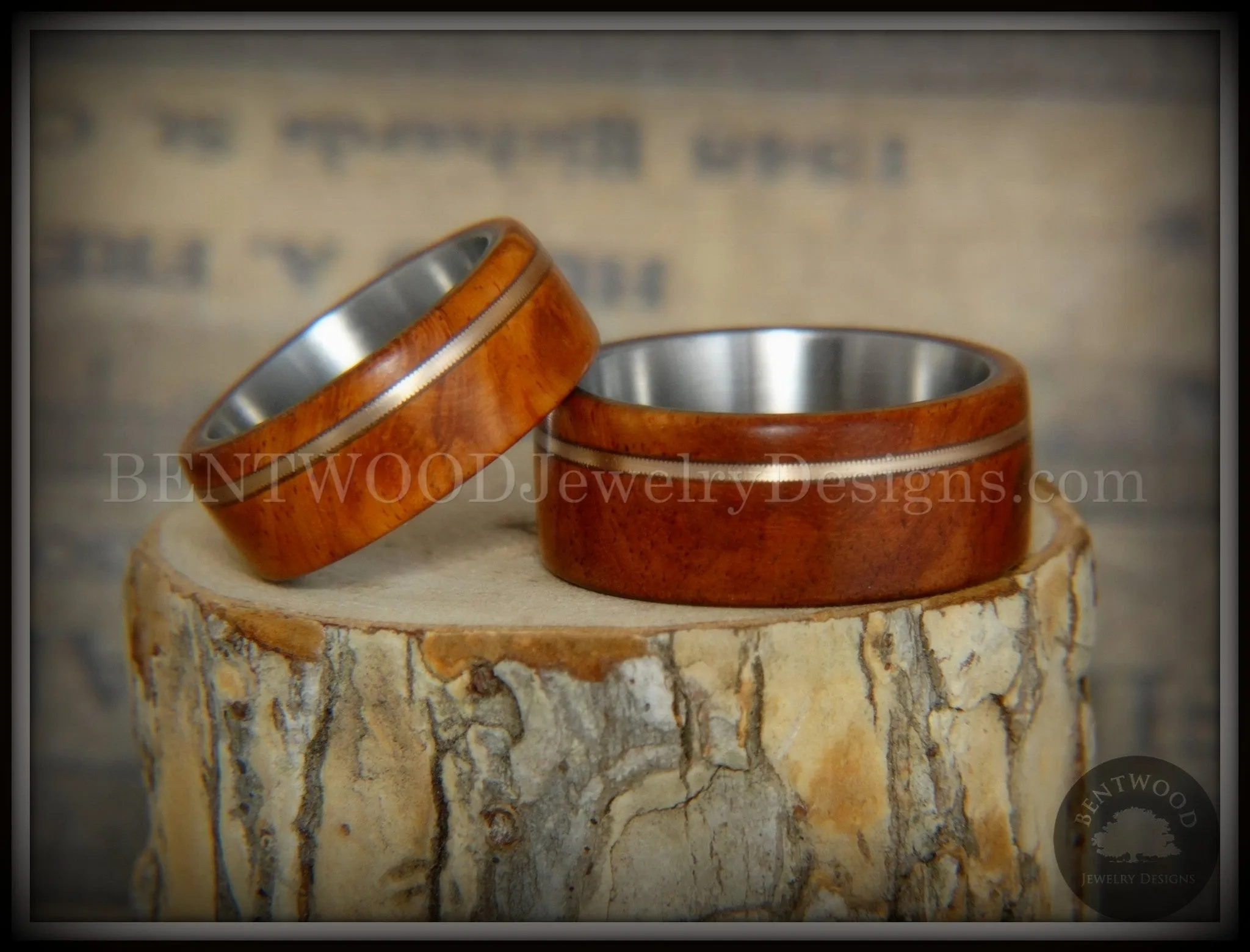 Bentwood Rings Set - Amboyna Burl Wood Ring Set with Bronze Guitar String Inlays SS Core