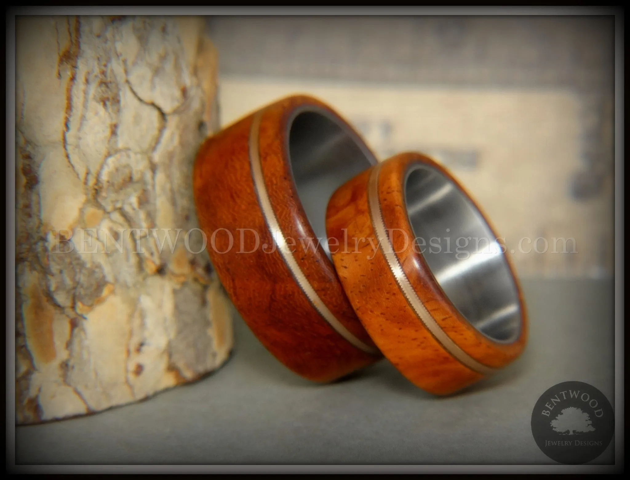 Bentwood Rings Set - Amboyna Burl Wood Ring Set with Bronze Guitar String Inlays SS Core