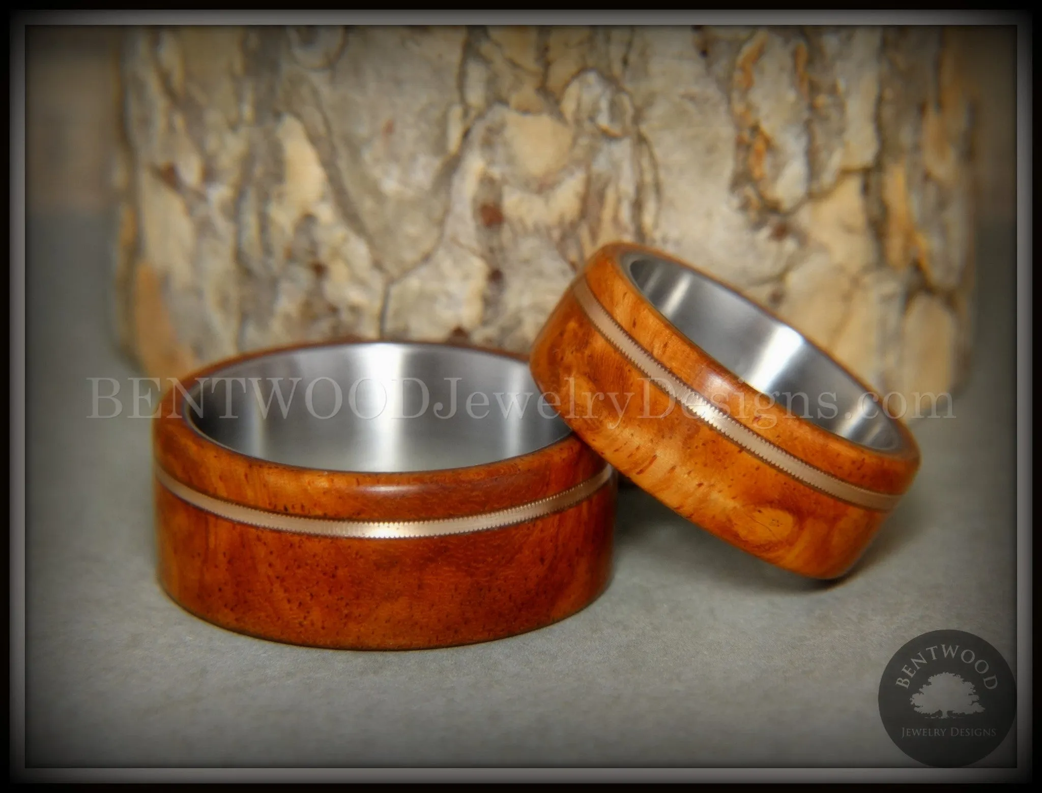 Bentwood Rings Set - Amboyna Burl Wood Ring Set with Bronze Guitar String Inlays SS Core