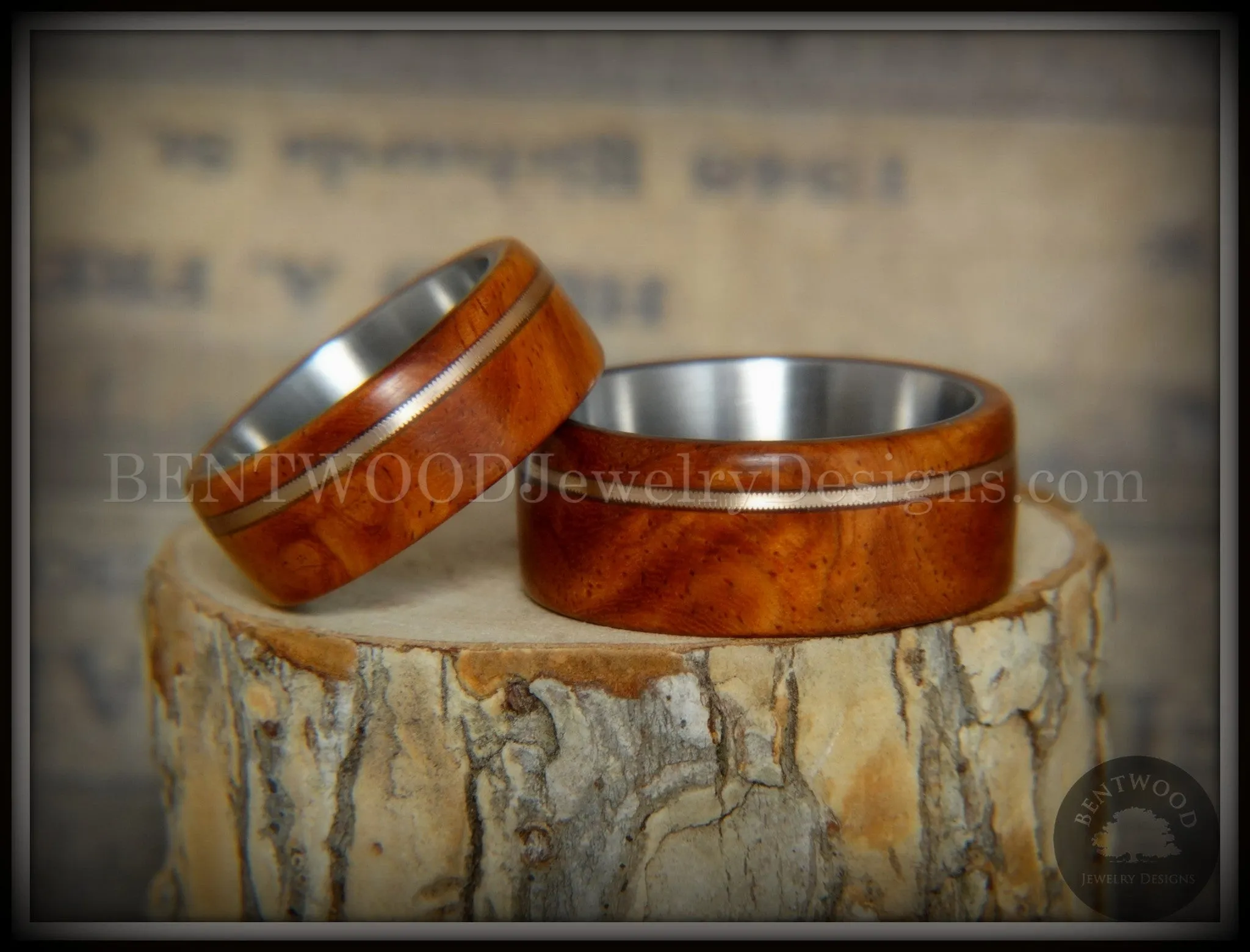 Bentwood Rings Set - Amboyna Burl Wood Ring Set with Bronze Guitar String Inlays SS Core