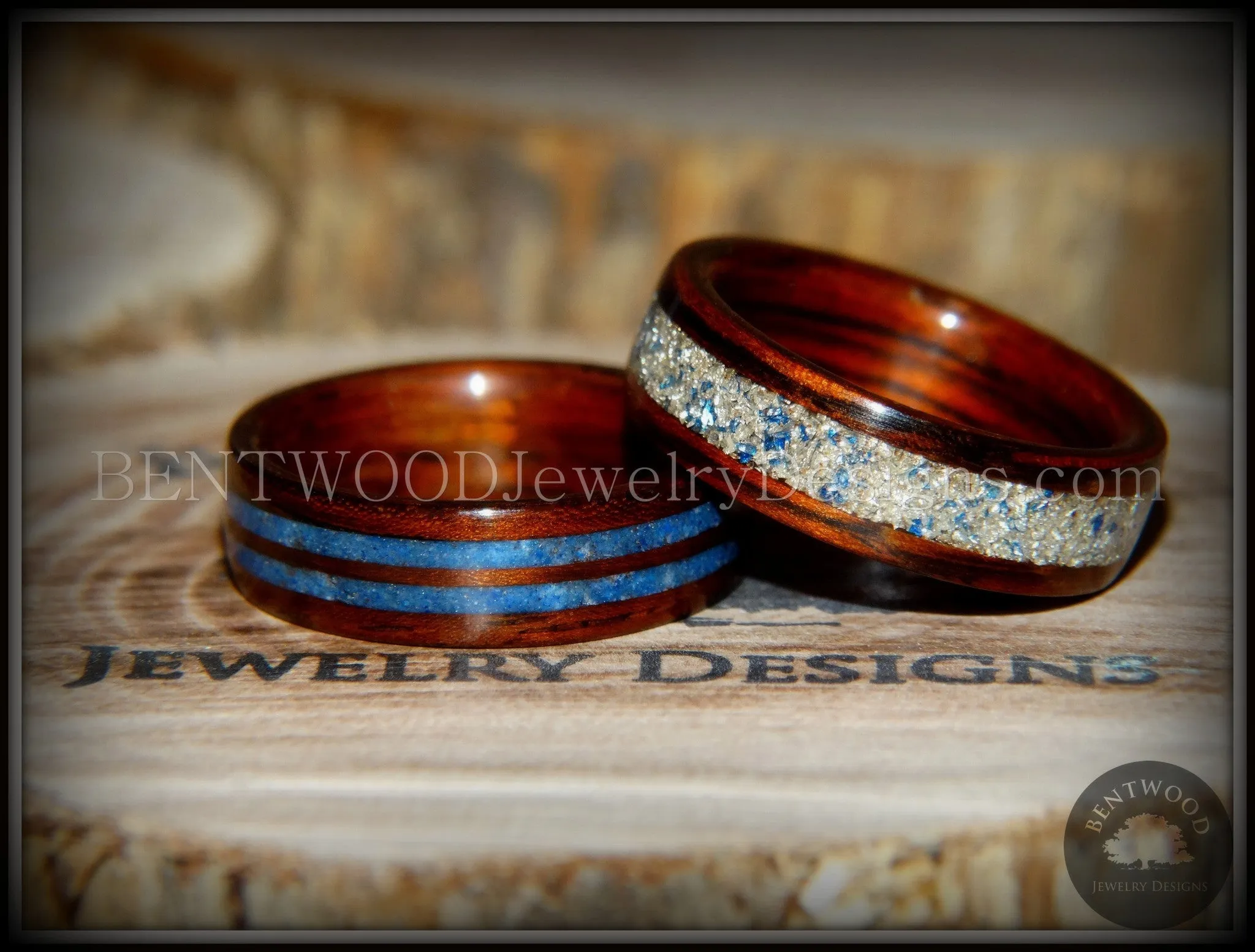 Bentwood Rings Set - Blu Coupled Kingwood Wood Rings with Double Blue Lapis and Silver/Blue Glass Inlay