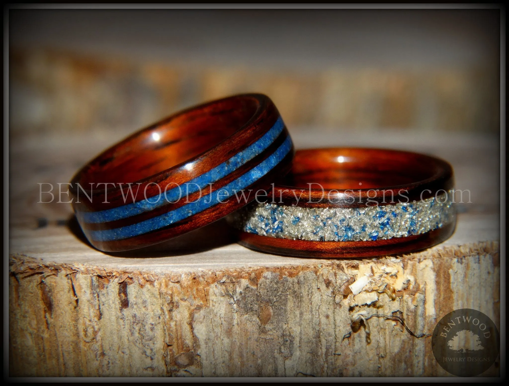 Bentwood Rings Set - Blu Coupled Kingwood Wood Rings with Double Blue Lapis and Silver/Blue Glass Inlay