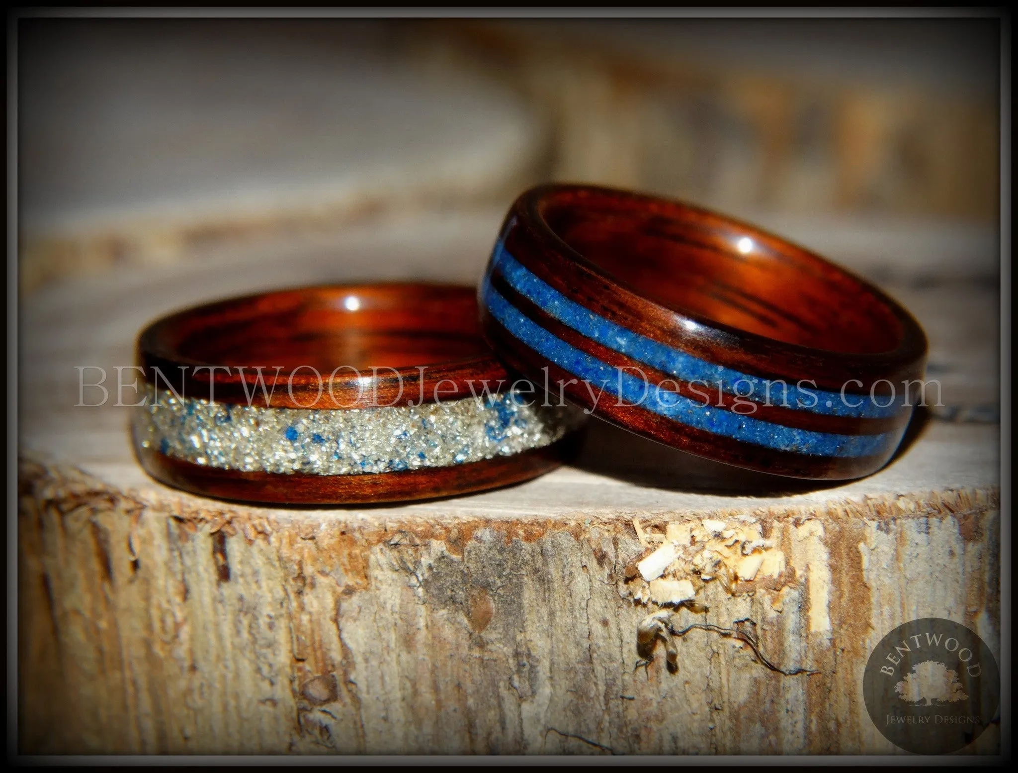 Bentwood Rings Set - Blu Coupled Kingwood Wood Rings with Double Blue Lapis and Silver/Blue Glass Inlay