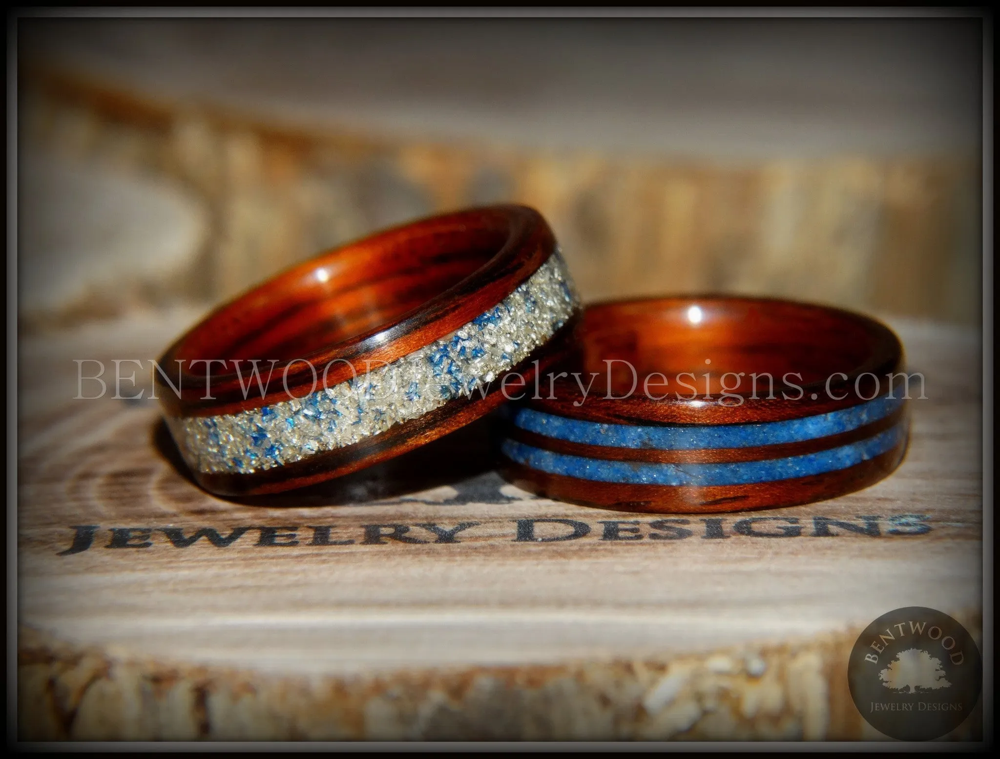 Bentwood Rings Set - Blu Coupled Kingwood Wood Rings with Double Blue Lapis and Silver/Blue Glass Inlay