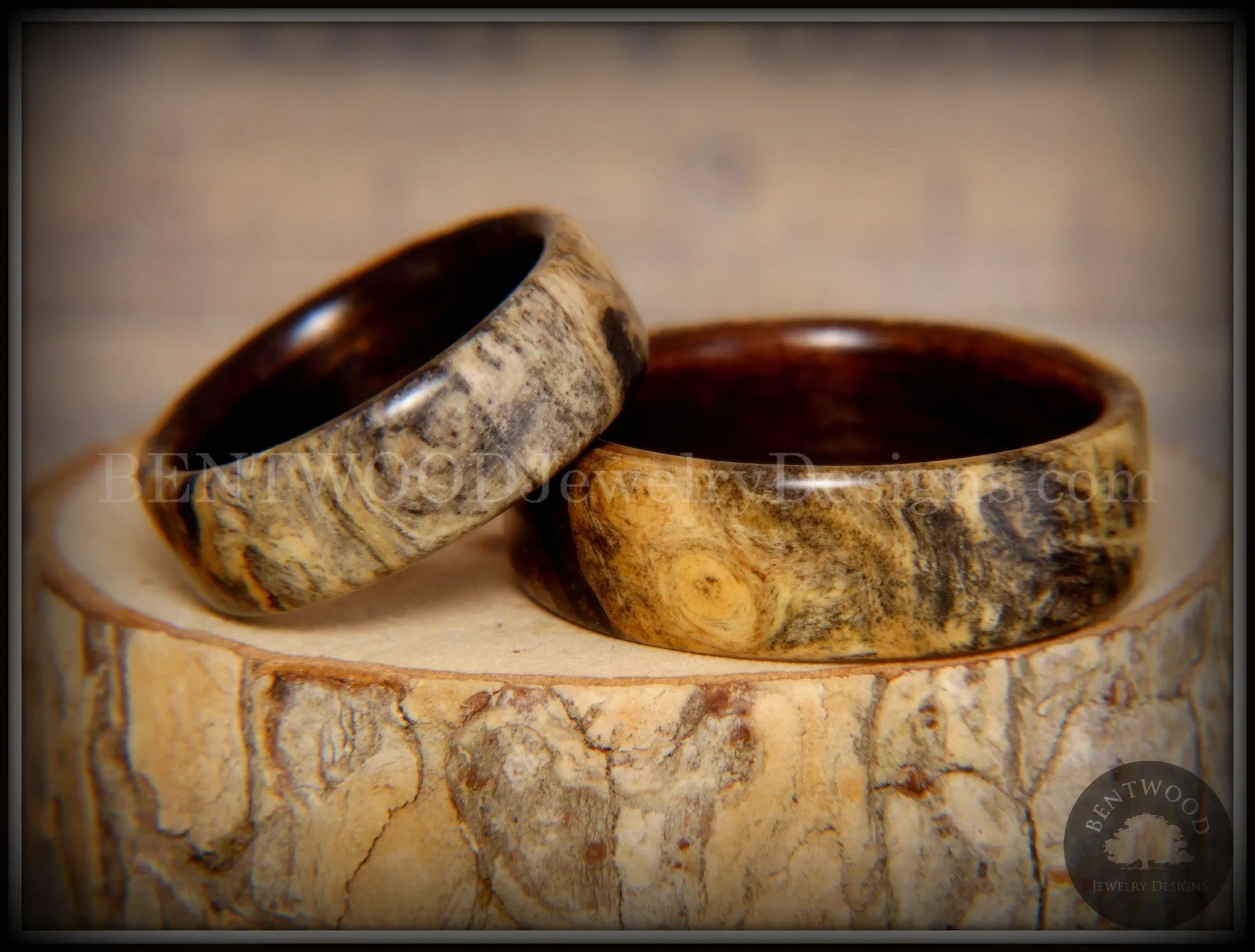 Bentwood Rings Set - Buckeye Pair California Buckeye Burl on Ebony Wood Core Set