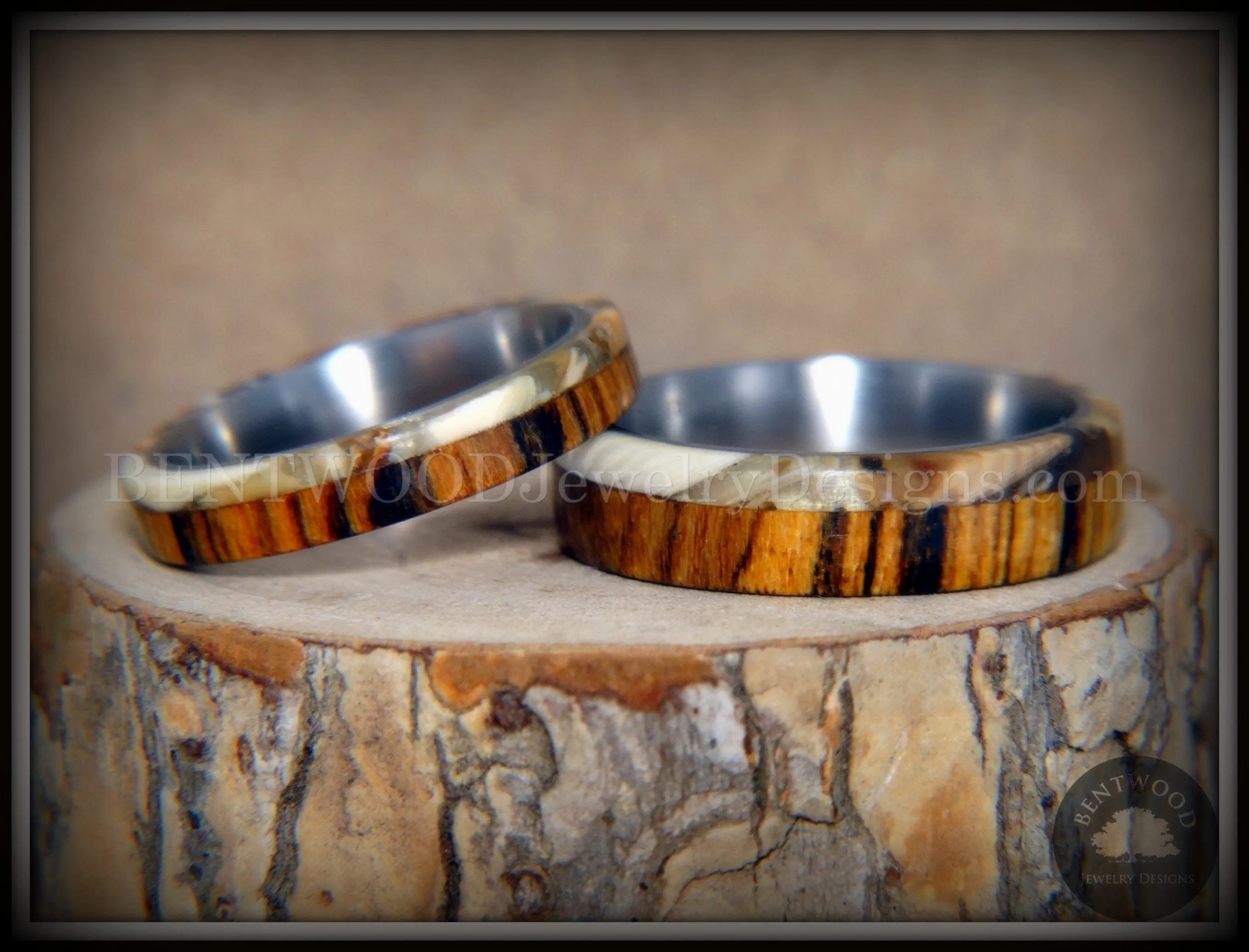 Bentwood Rings Set - Mammoth Fossil and Goncalo Alves on Titanium Core