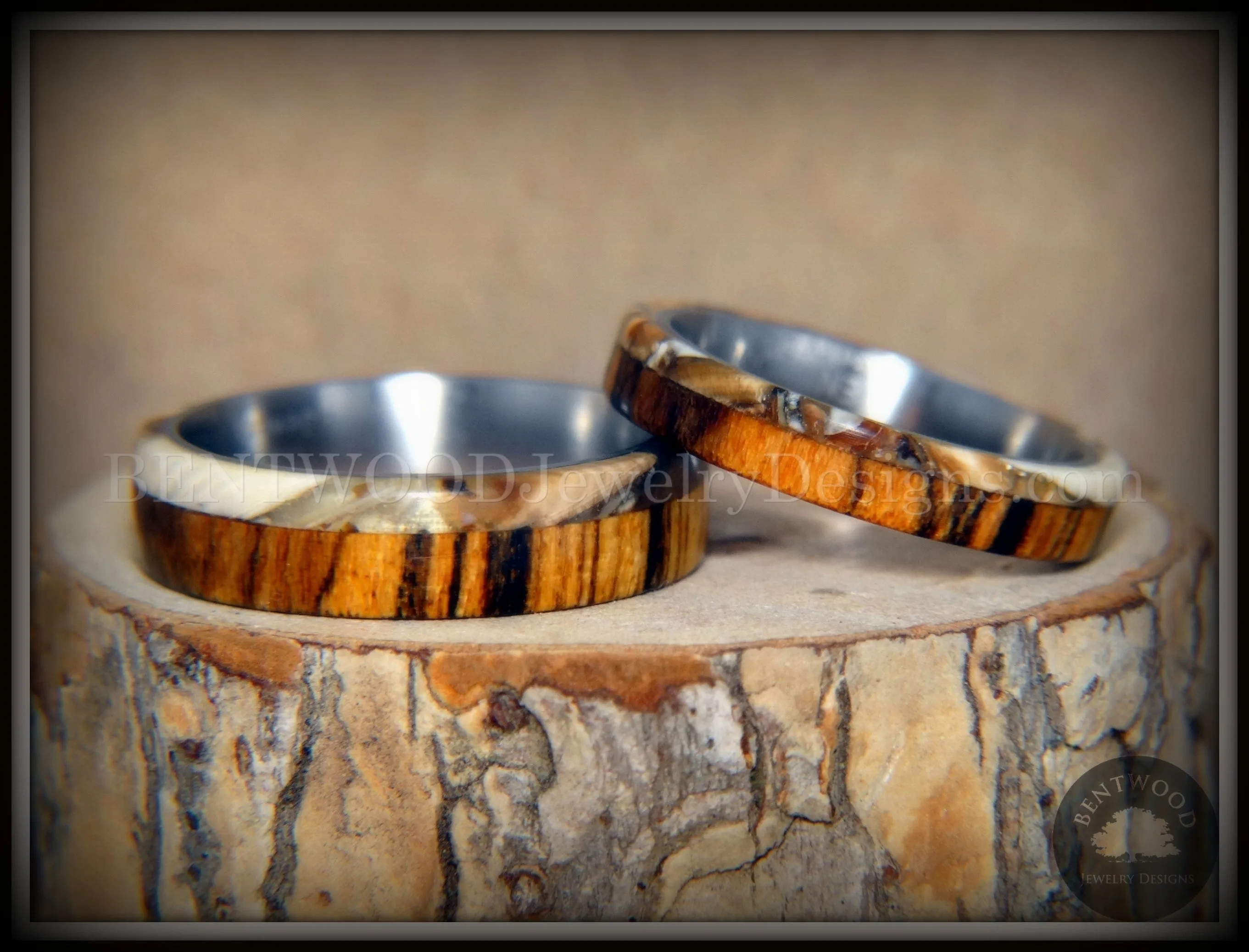 Bentwood Rings Set - Mammoth Fossil and Goncalo Alves on Titanium Core