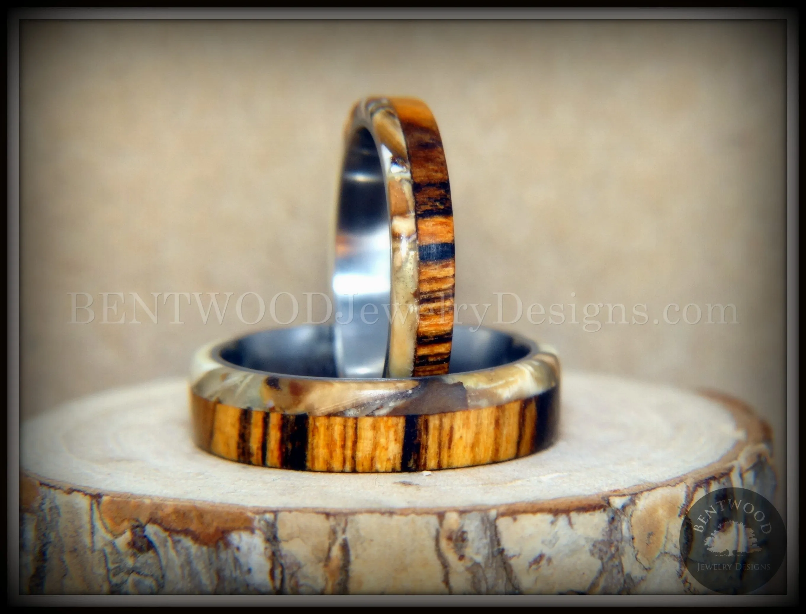 Bentwood Rings Set - Mammoth Fossil and Goncalo Alves on Titanium Core