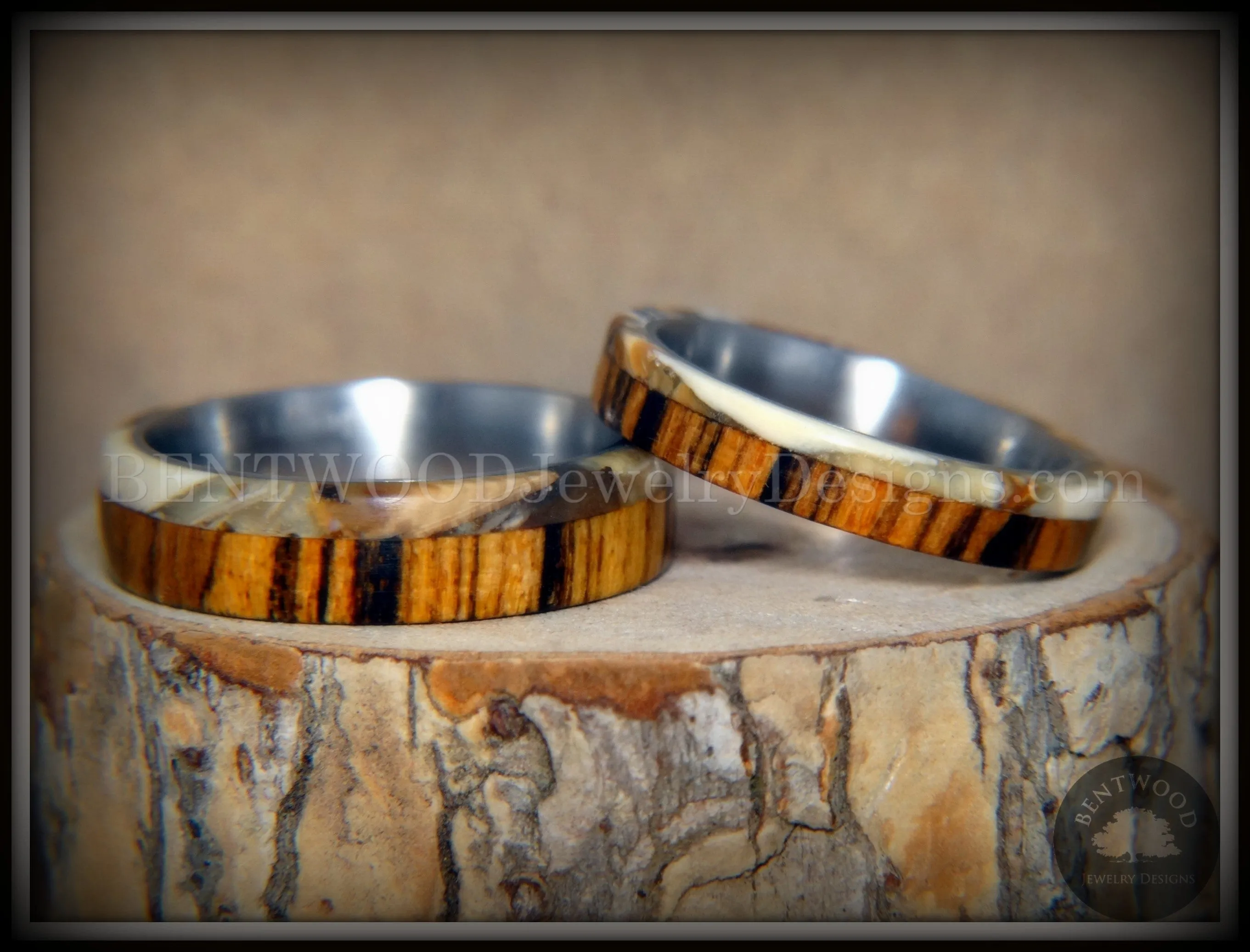 Bentwood Rings Set - Mammoth Fossil and Goncalo Alves on Titanium Core