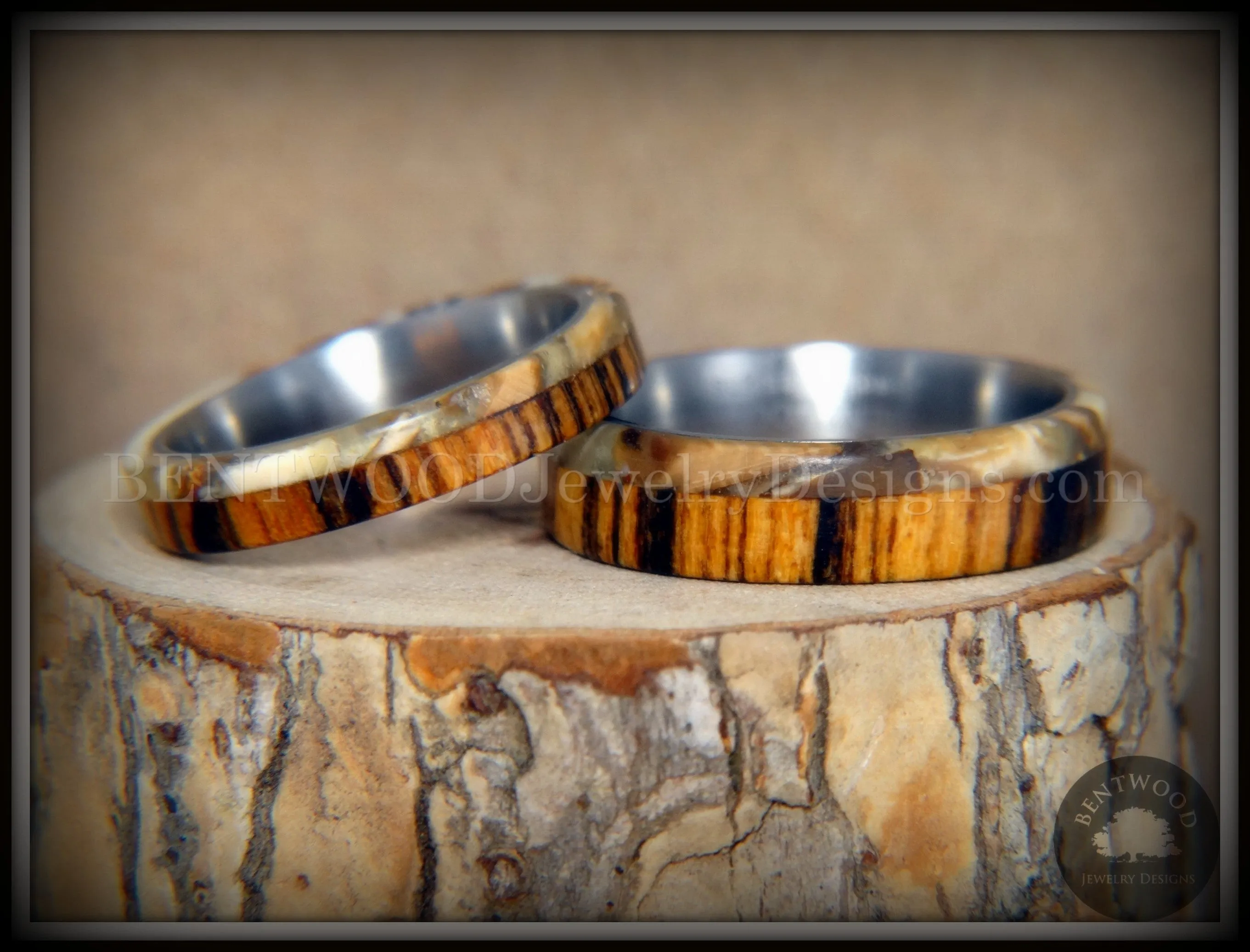 Bentwood Rings Set - Mammoth Fossil and Goncalo Alves on Titanium Core