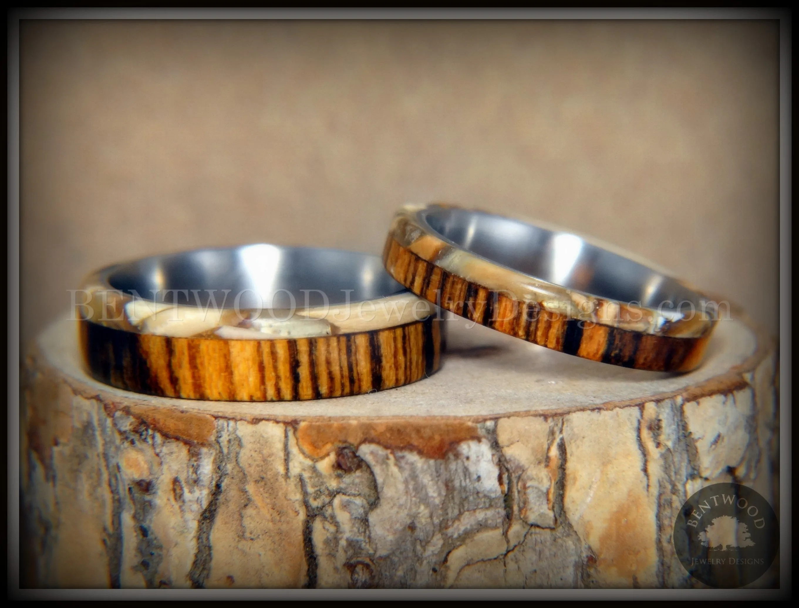 Bentwood Rings Set - Mammoth Fossil and Goncalo Alves on Titanium Core