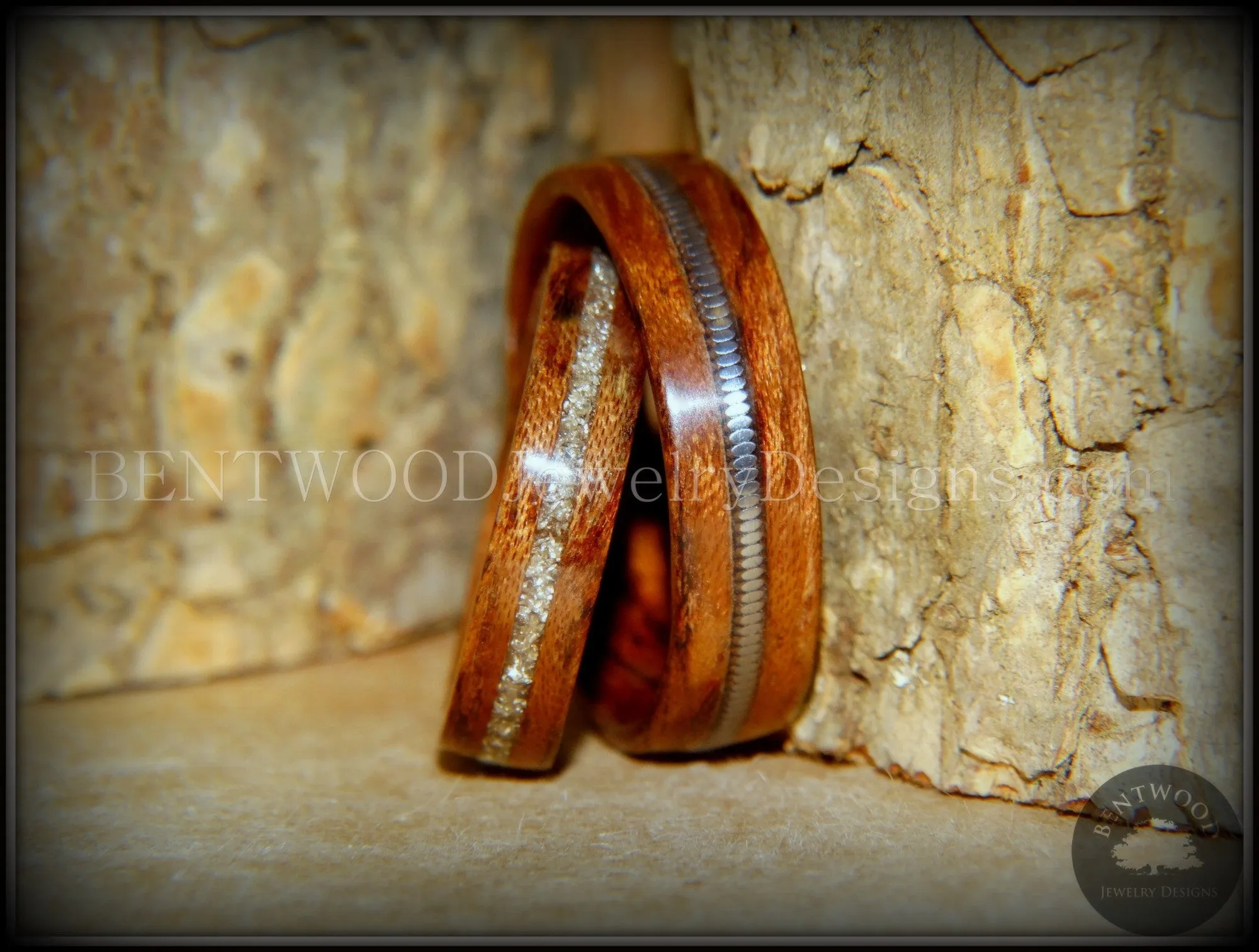 Bentwood Rings Set - Waterfall Bubinga Wood Ring Set with Glass Inlay and Guitar String Inlay