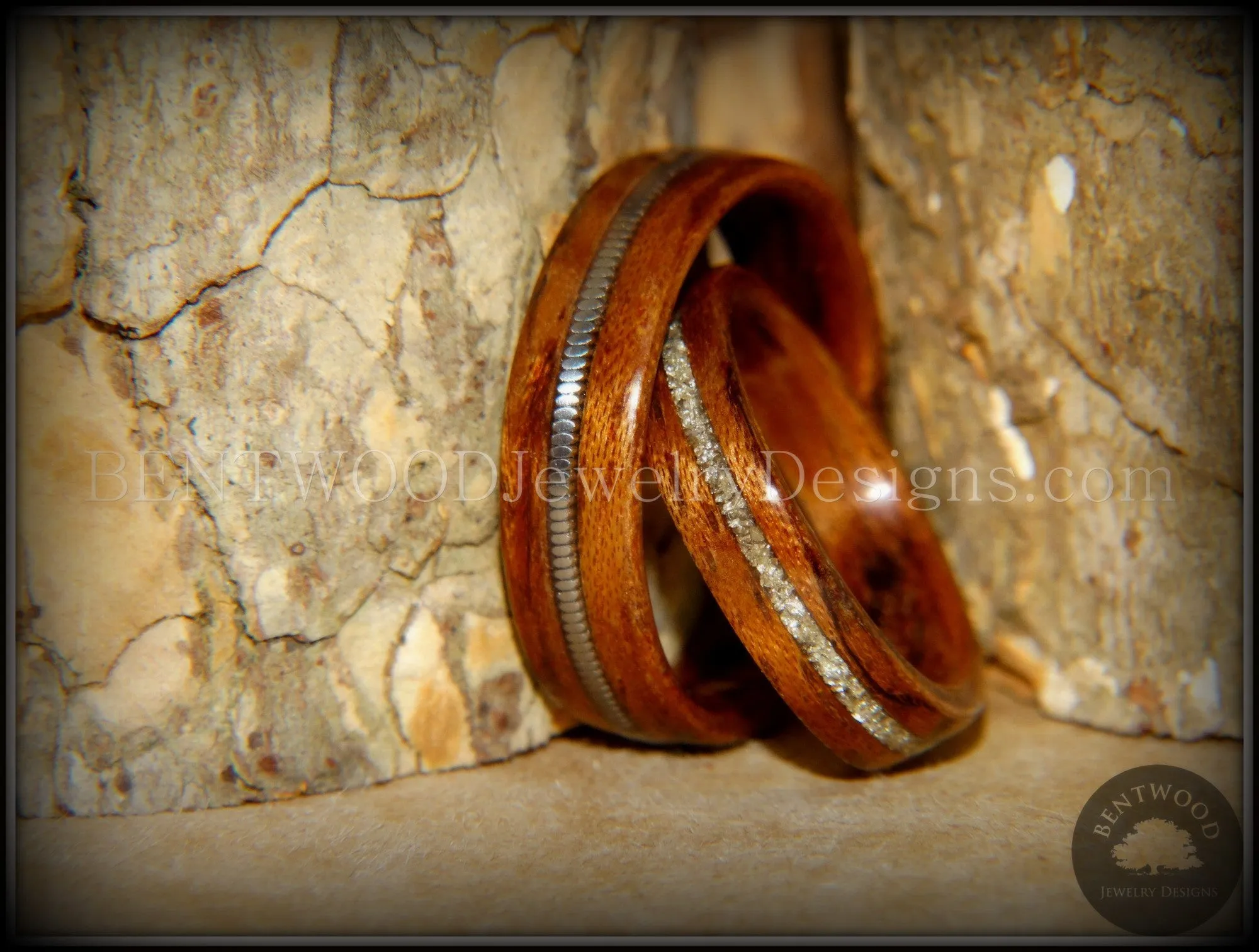 Bentwood Rings Set - Waterfall Bubinga Wood Ring Set with Glass Inlay and Guitar String Inlay