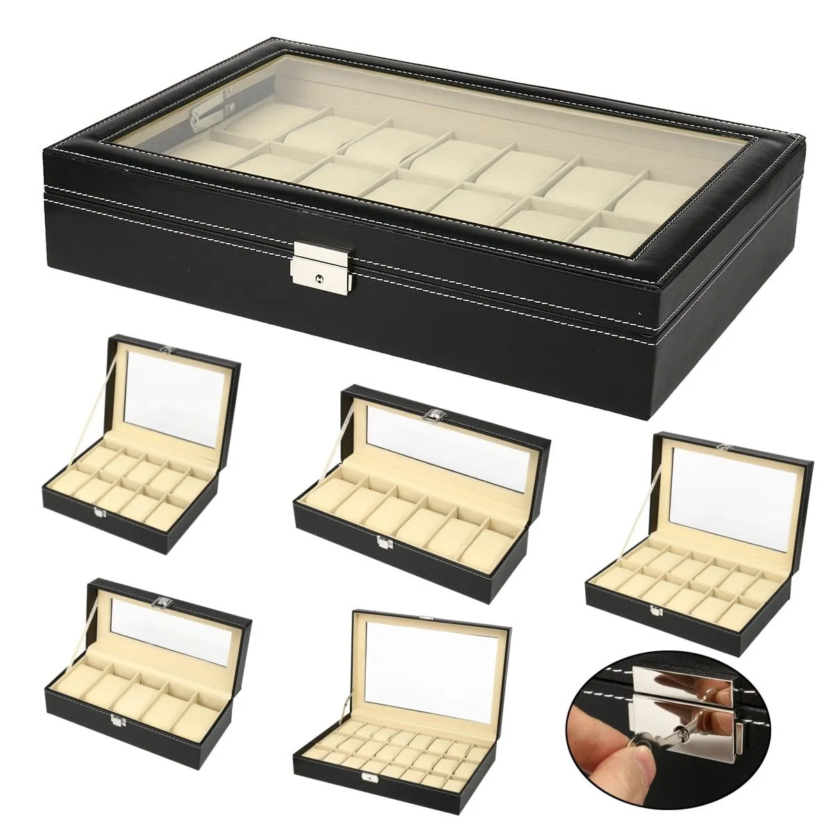 Black Leather Watch and Jewelry Storage Storage Box