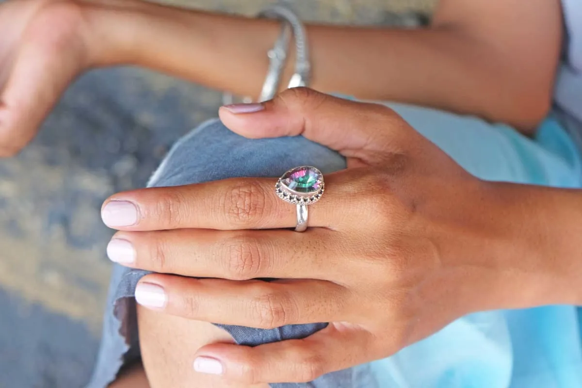 Bohemian Mystic Quartz Ring, Bali Silver Stacking Rings, Women Birthday Gifts