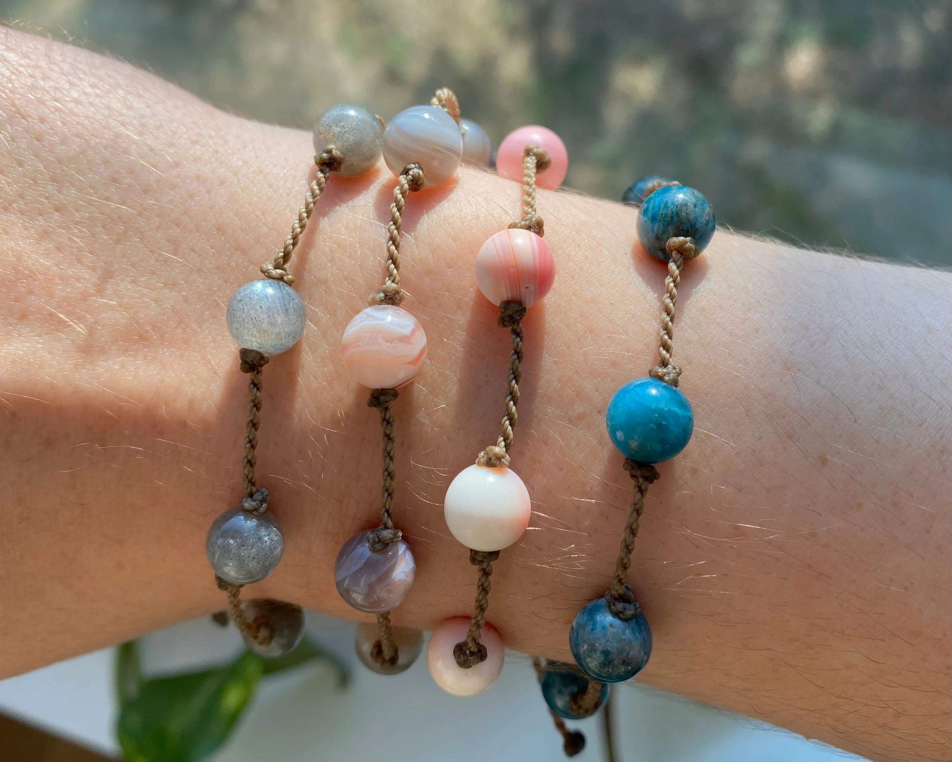 Botswana Agate, Labradorite, Apatite   Conch Shell Bracelets