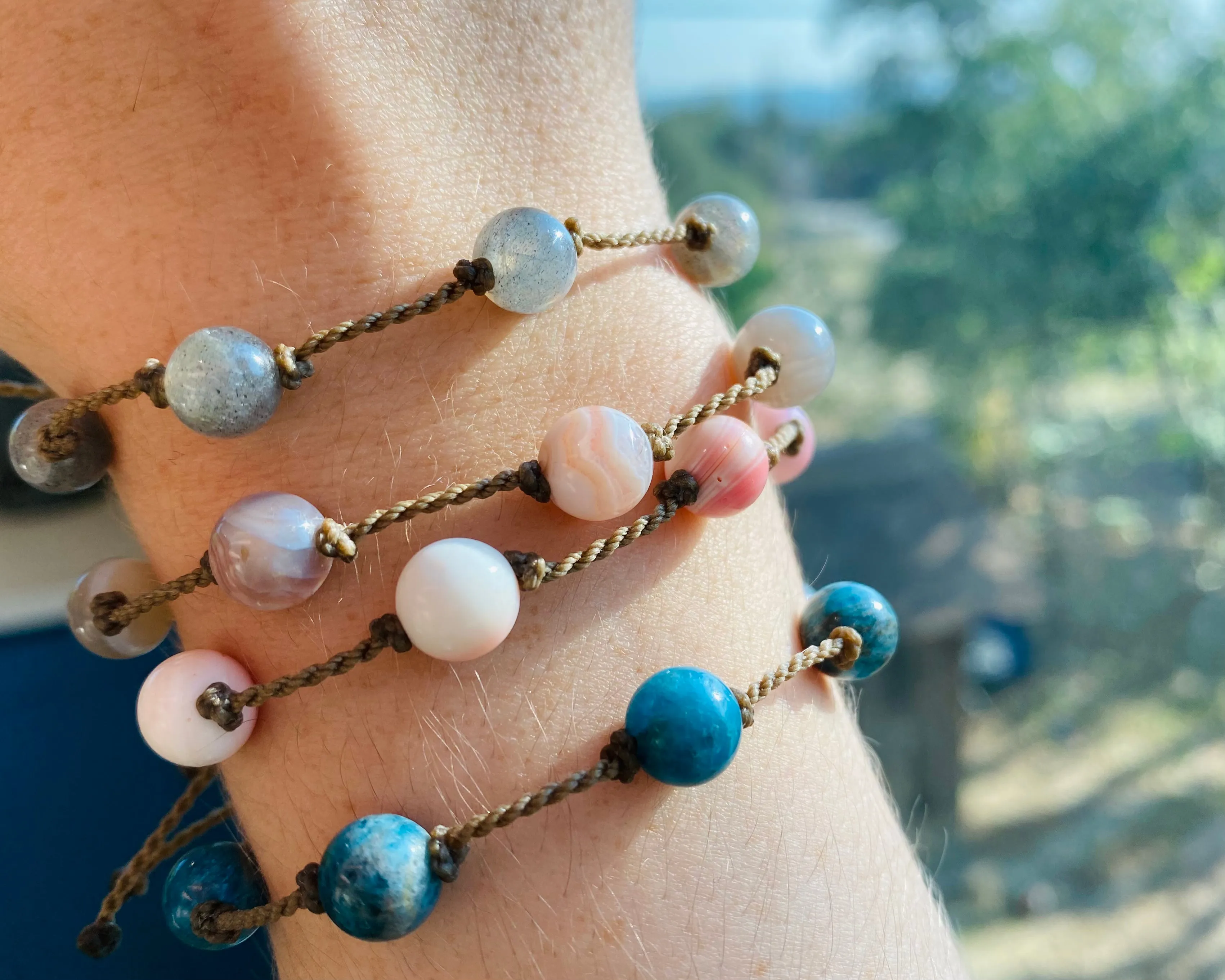 Botswana Agate, Labradorite, Apatite   Conch Shell Bracelets