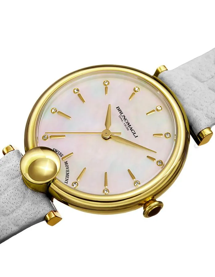 Bruno Magli Womens Miranda Gold-Tone Heritage Watch- Mother of Pearl - White