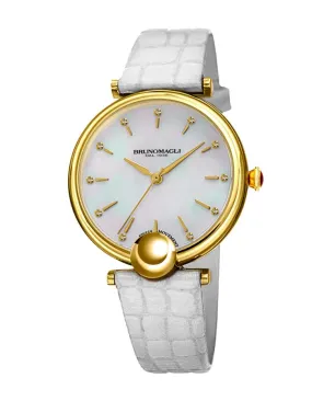 Bruno Magli Womens Miranda Gold-Tone Heritage Watch- Mother of Pearl - White