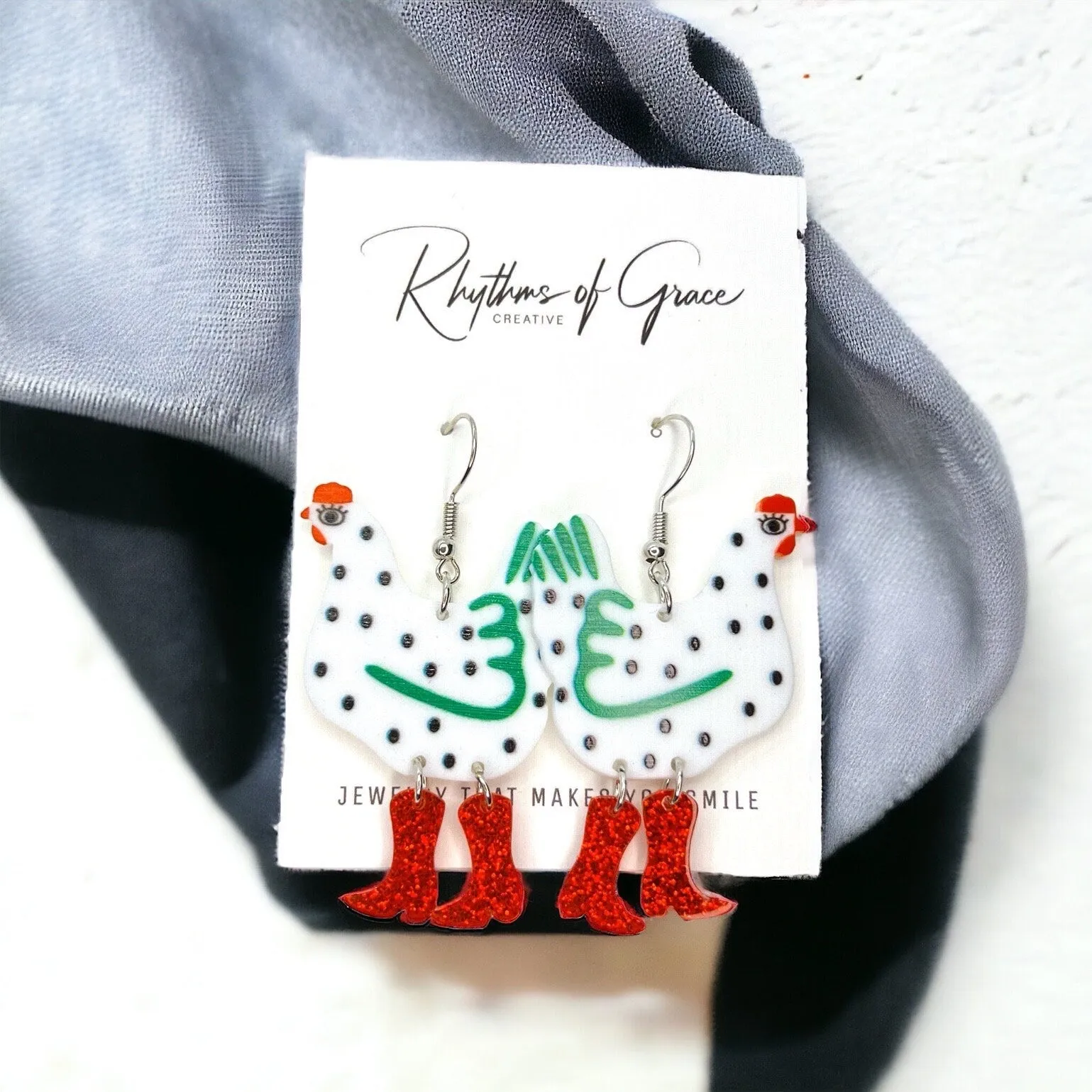 Chicken Earrings - Rooster Jewelry, Handmade Earrings, Handmade Jewelry, Animal Earrings, Animal Jewelry, Red Boots, Chicken Mom