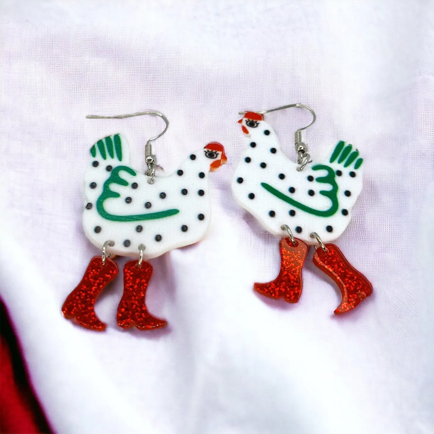 Chicken Earrings - Rooster Jewelry, Handmade Earrings, Handmade Jewelry, Animal Earrings, Animal Jewelry, Red Boots, Chicken Mom