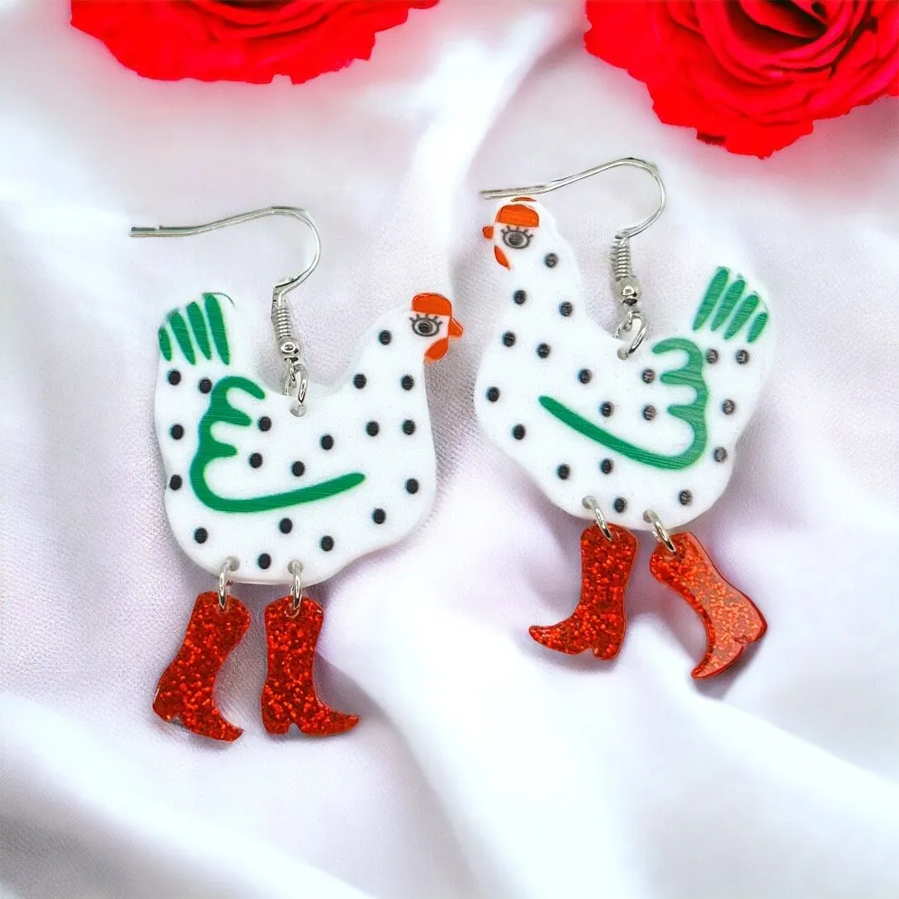 Chicken Earrings - Rooster Jewelry, Handmade Earrings, Handmade Jewelry, Animal Earrings, Animal Jewelry, Red Boots, Chicken Mom