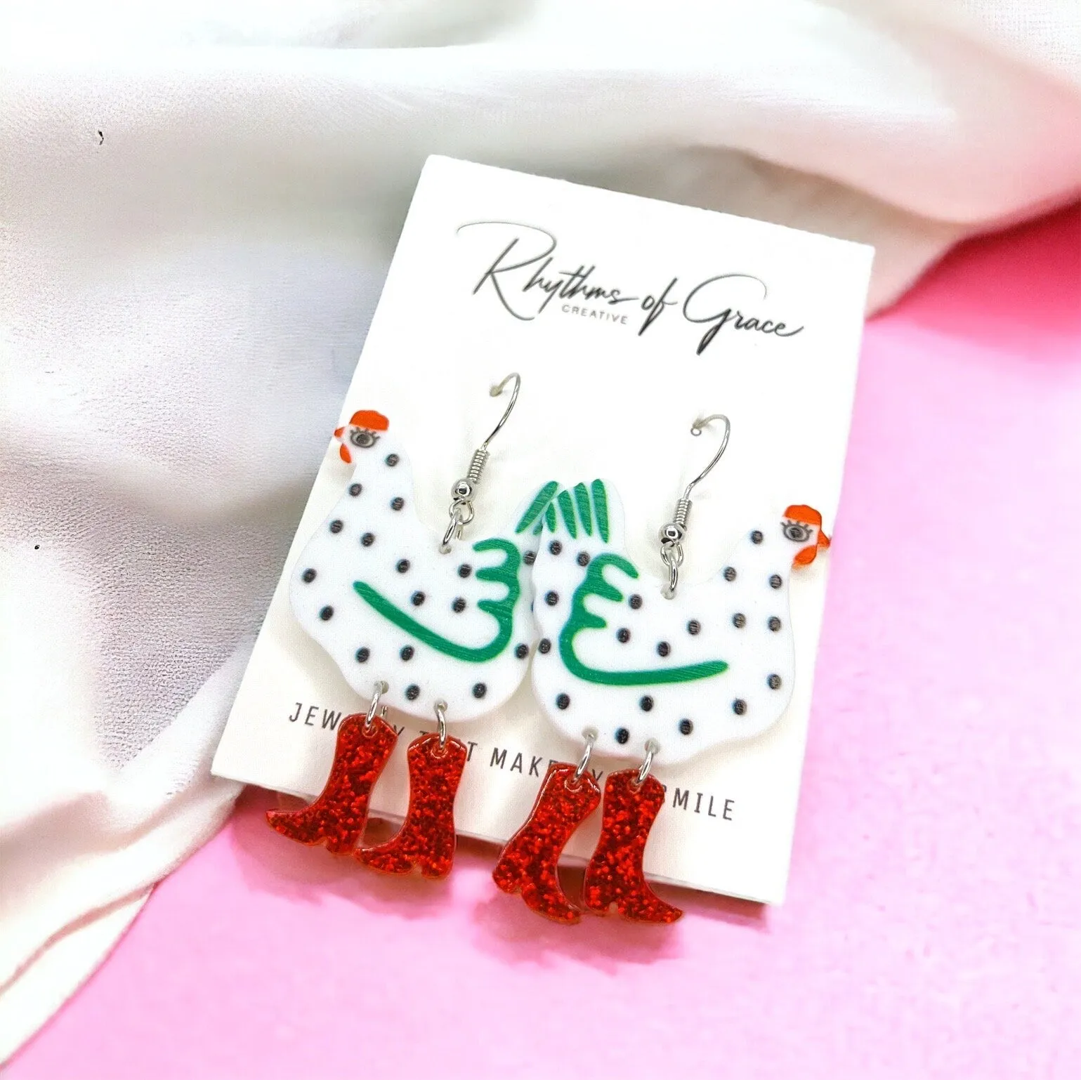 Chicken Earrings - Rooster Jewelry, Handmade Earrings, Handmade Jewelry, Animal Earrings, Animal Jewelry, Red Boots, Chicken Mom