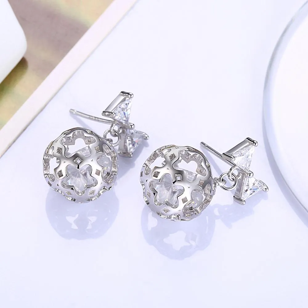 Creative Bow Knot Cubic Zirconia and Hollow Star Ball 925 Sterling Silver Fashion Earrings