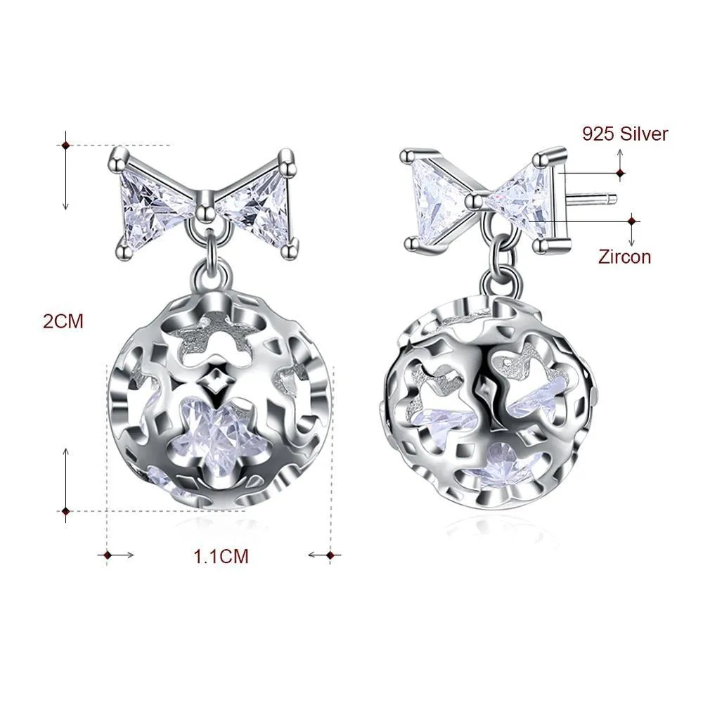 Creative Bow Knot Cubic Zirconia and Hollow Star Ball 925 Sterling Silver Fashion Earrings