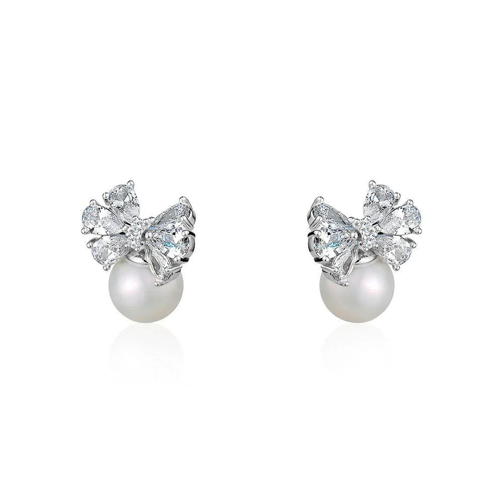 CRYSTAL BOW PEARL EARRINGS