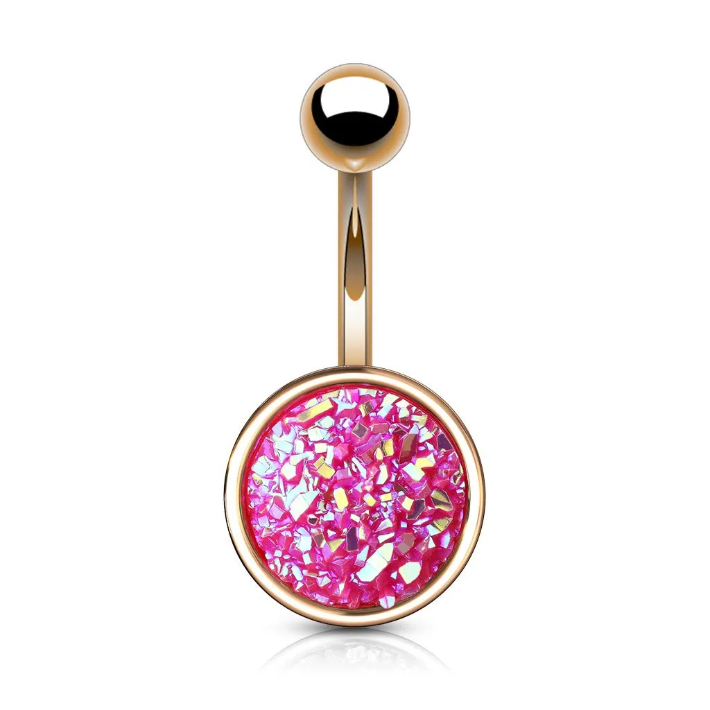 Druzy Stone Round Set PVD Rose Gold Over 316L Surgical Steel WildKlass Belly Button Navel Rings