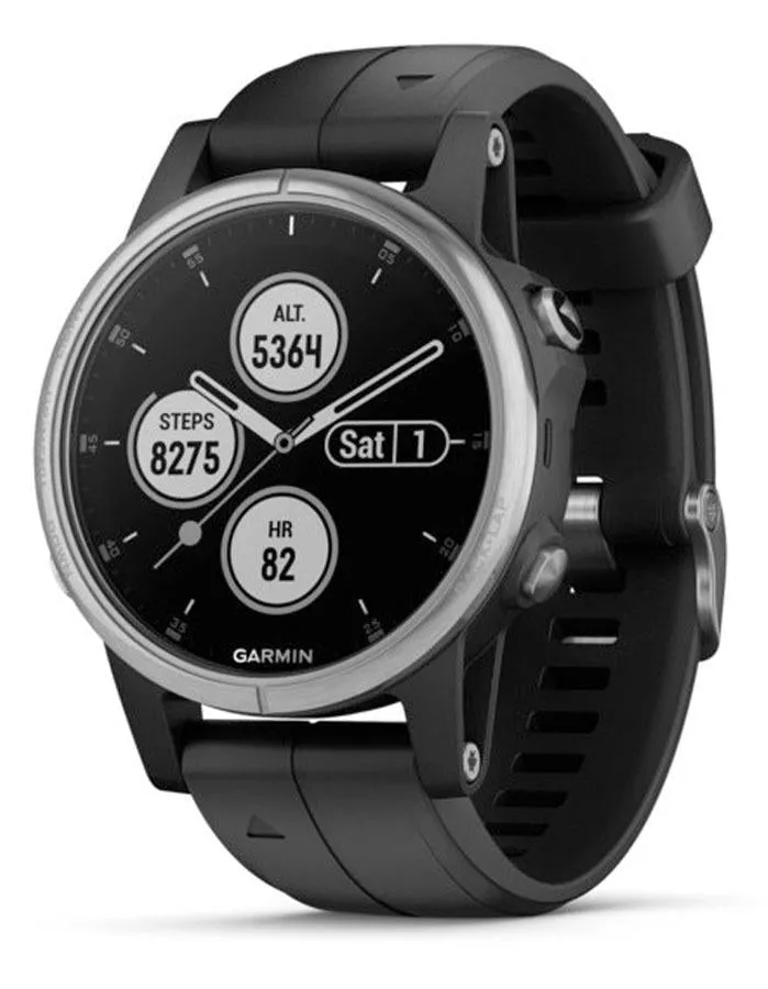 Garmin Fenix 5S Plus Multisport Watch - Stainless Steel - Black Band - Bluetooth