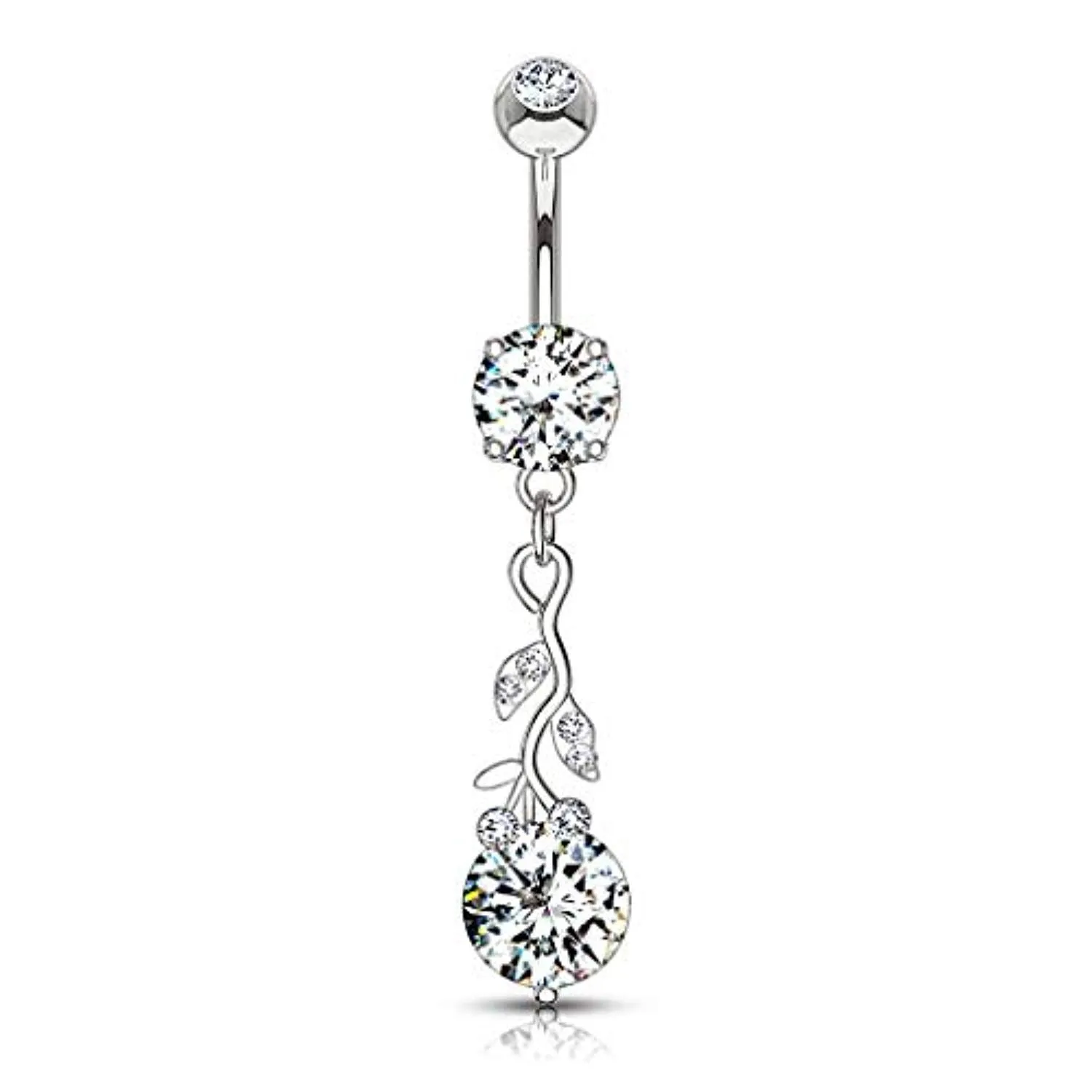 Gemmed Leafs with Large Round CZ Dangle 316L Surgical Steel WildKlass Belly Button Navel Rings