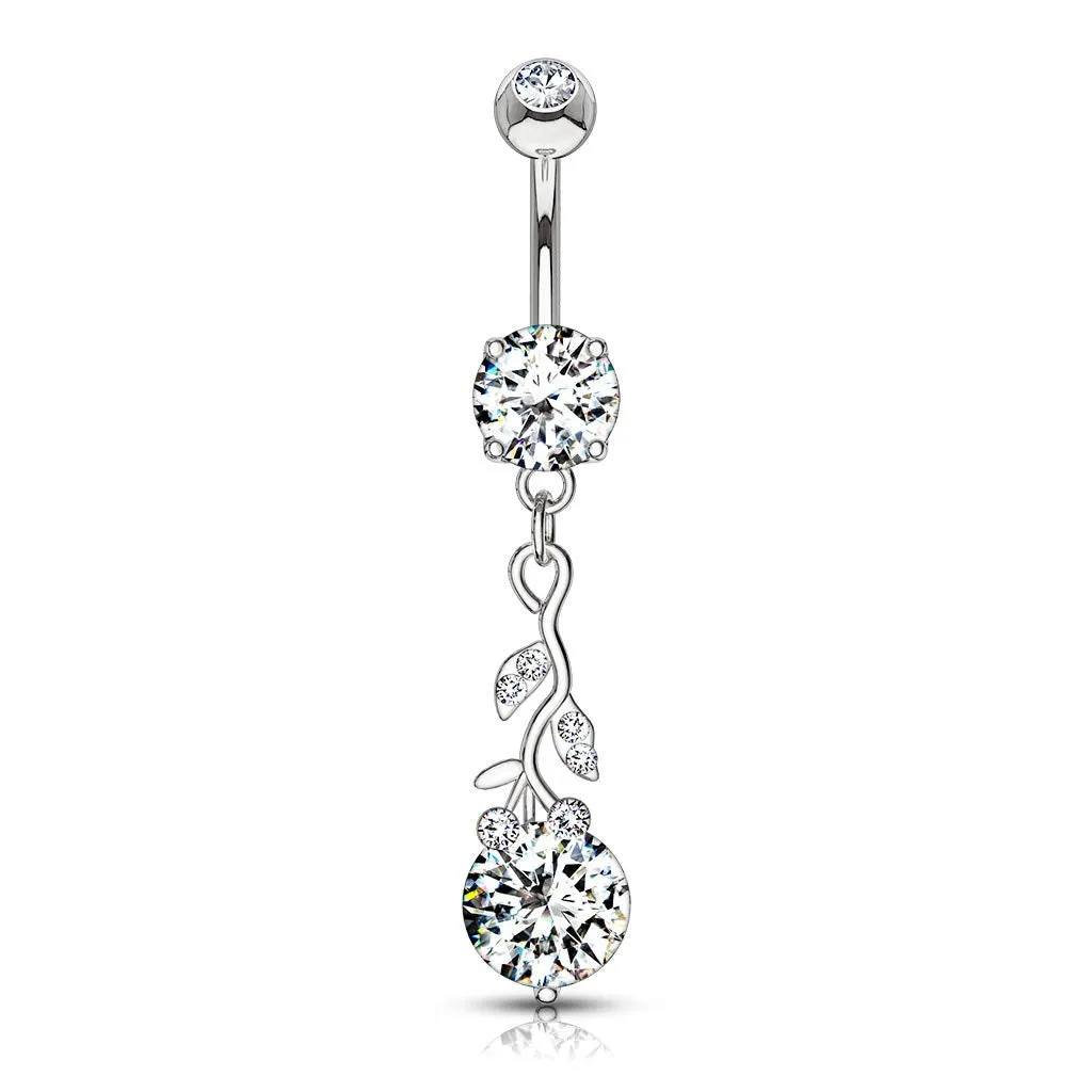 Gemmed Leafs with Large Round CZ Dangle 316L Surgical Steel WildKlass Belly Button Navel Rings