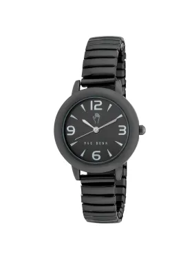 HEATHER Round Face Expandable Bracelet Watch in Black, 30mm