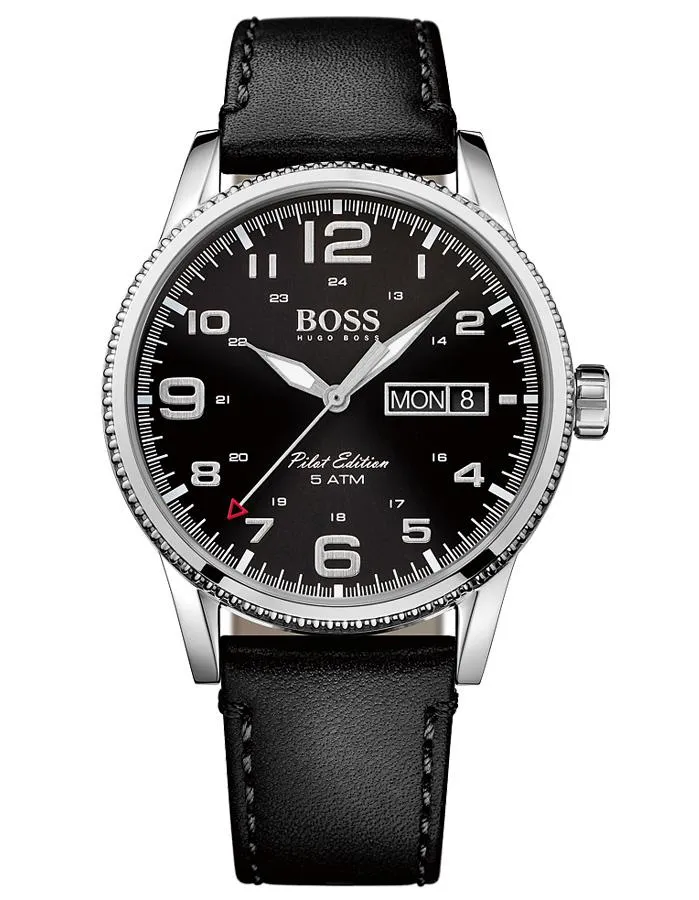 Hugo Boss Pilot Edition Watch - Stainless - Black Dial & Strap - 50m - Day/Date