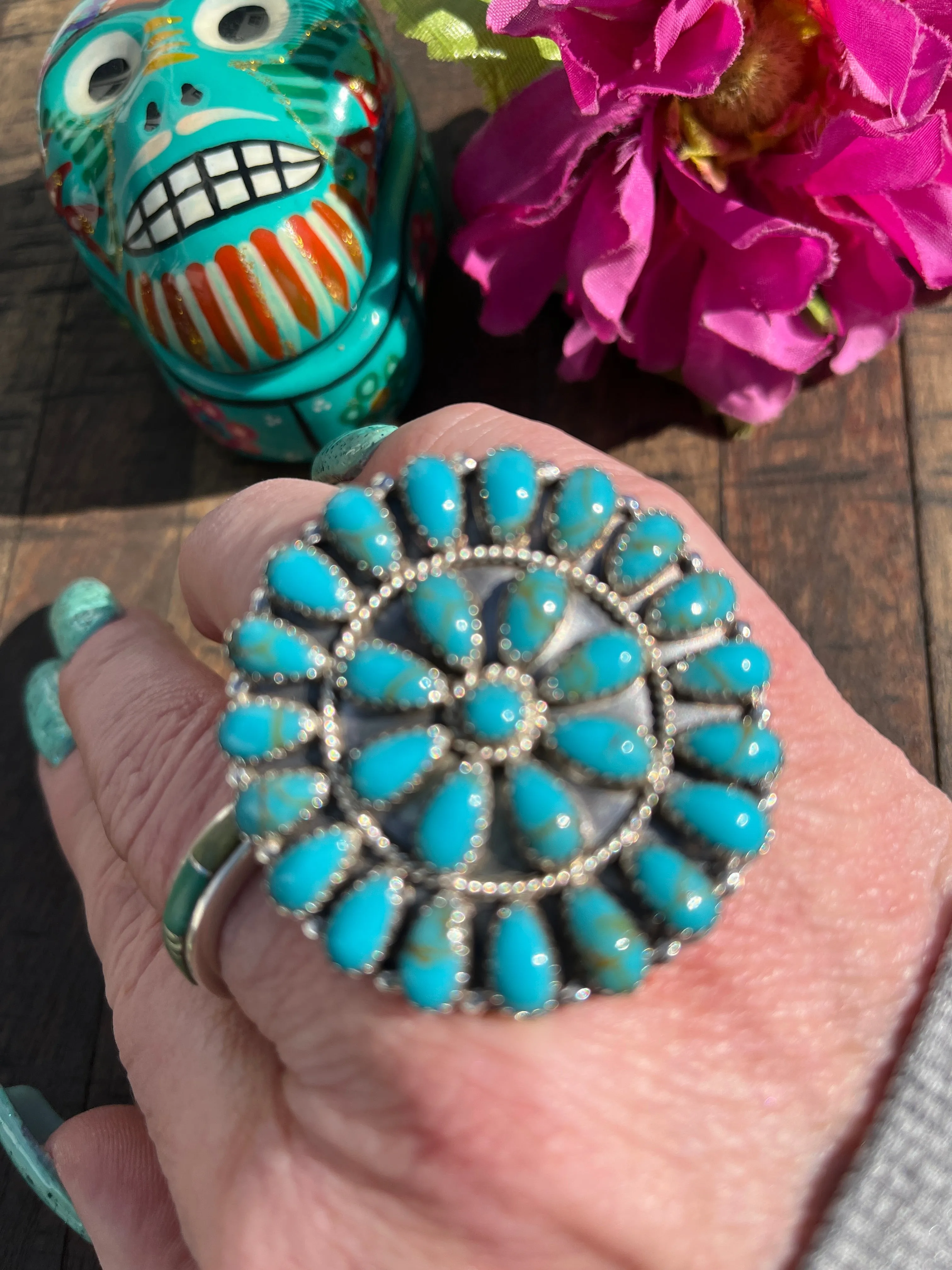 Kingman Turquoise Curved Circle Rings #2 SZ 8