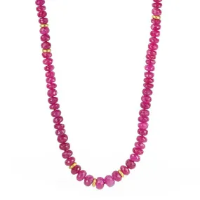 Long Faceted Ruby Beaded Necklace with 22K Gold Spacer Rings